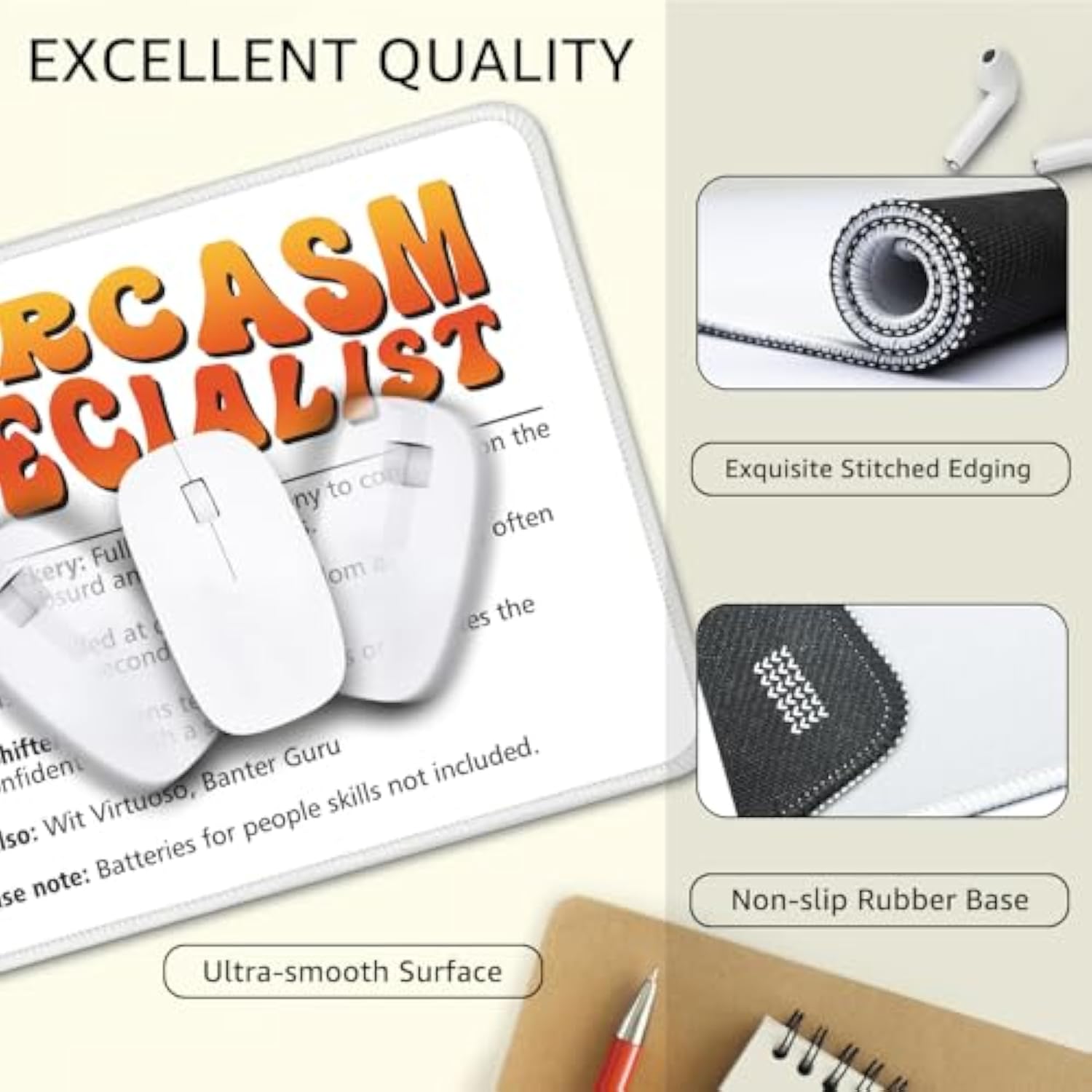 Sarcasm Specialist Non-Slip Mouse Pad With Stitched Edge, Funny Mousepad Gifts For Sarcasm Lovers, Humor Office Gifts For Boss Manager Leader Hr, Office Desk Accessories Gifts