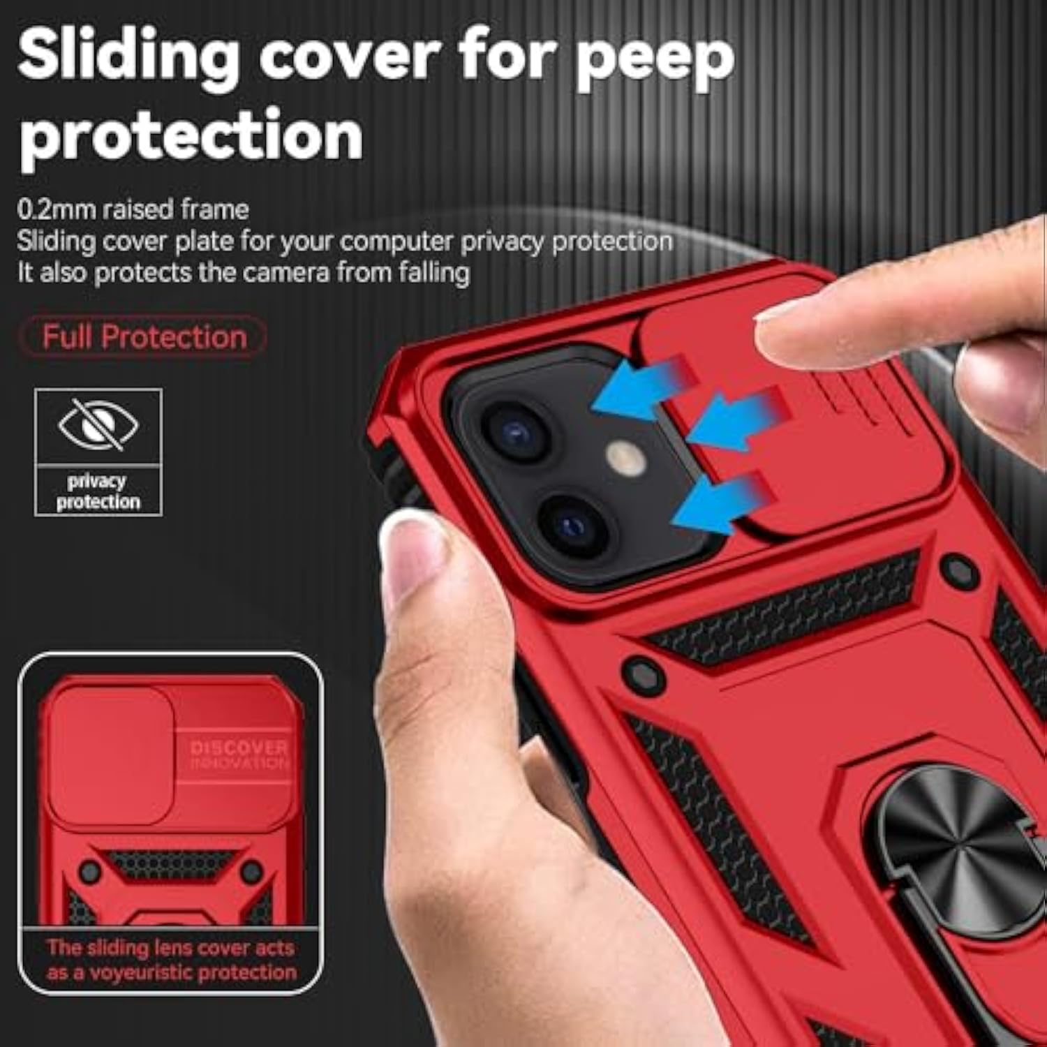 For Iphone 12 Mini Case With Slide Lens Cover, Hd Screen Protector, Military Grade Drop Protection, Magnetic Rotated Ring Holder Kickstand Phone Cases (Red)
