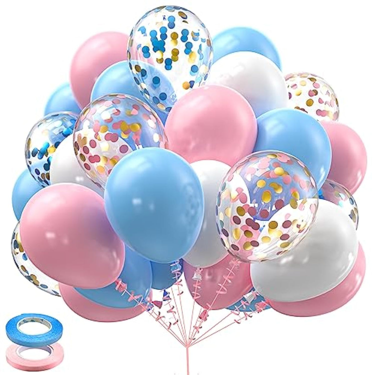 Pink Blue White Balloons,60 Pcs 12 Inch Pink Blue And White Pastel Gold Blue Confetti Latex Balloons With 2Rolls 33Ft Ribbon For Birthday Baby Shower Gender Reveal Party Supplies And Decorations