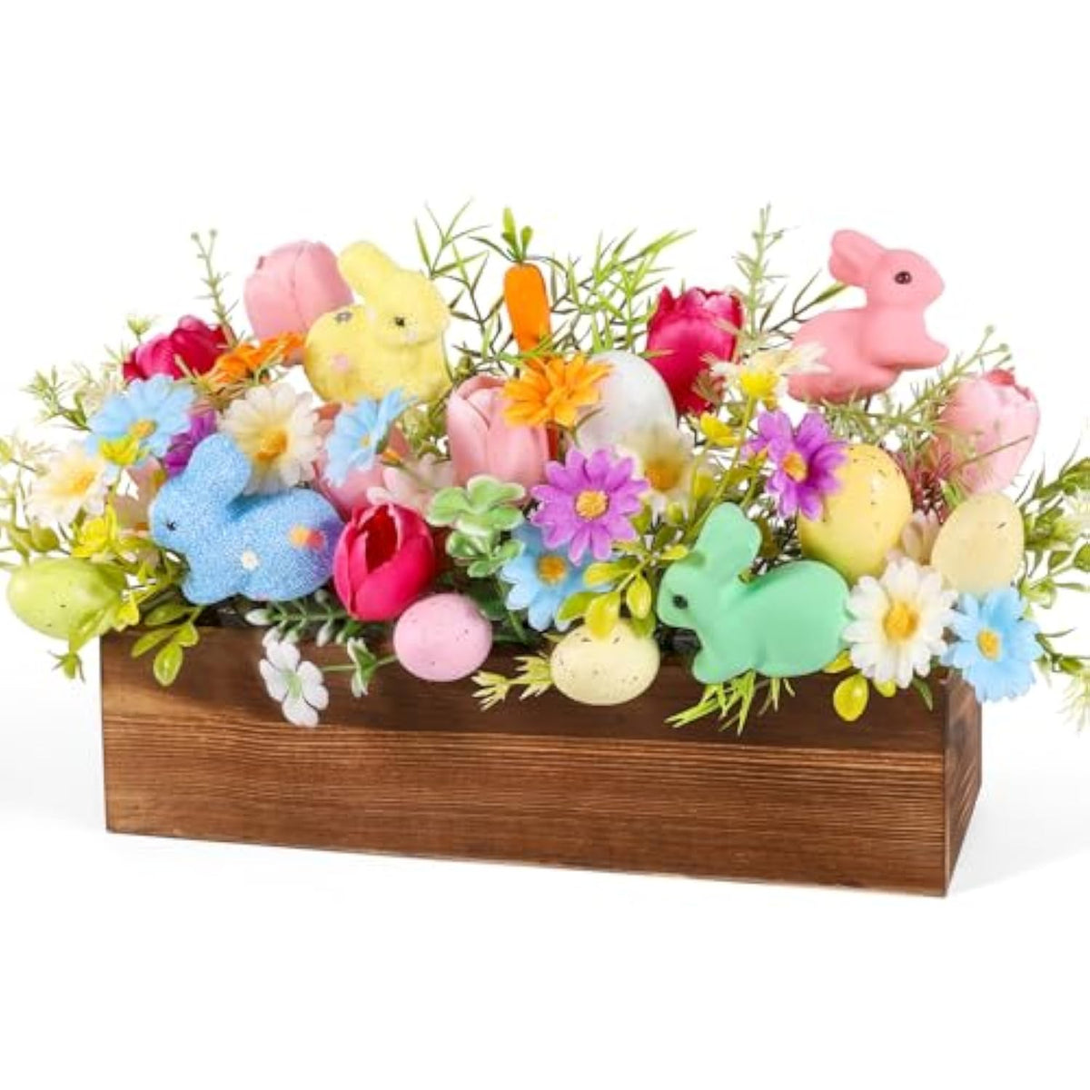 Easter Table Centerpieces Artificial Floral Arrangements Wooden Crate, Potted Plant With Rabbit Eggs Tulips Carrots Flowers For Spring Easter Tiered Tray Shelf Table Home Farmhouse Decor