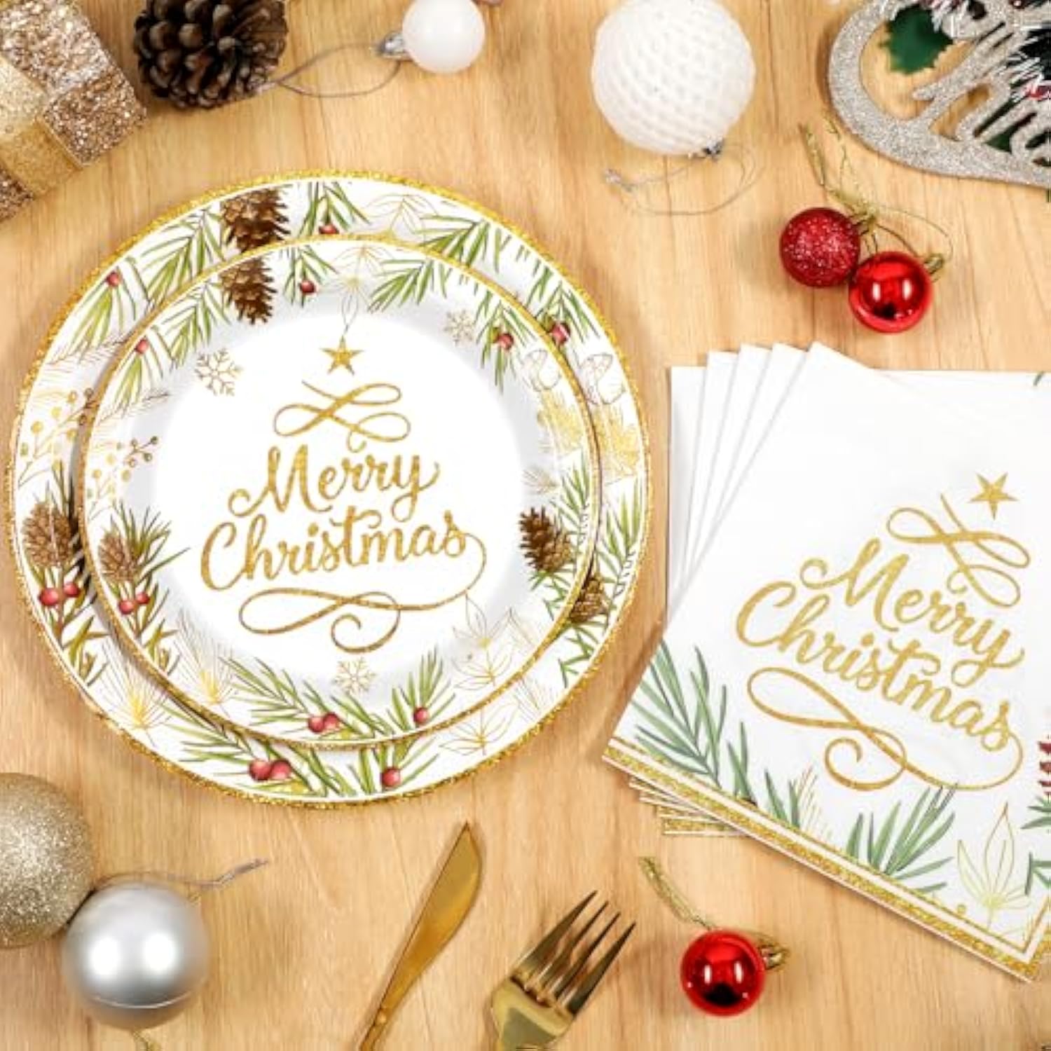Christmas Paper Plates And Napkins, Christmas Tree Gold Plate And Napkin Disposable, Holiday Paper Plates And Napkins Sets For Xmas Holiday Winter Dinner, Merry Xmas Plate For Party Supplies