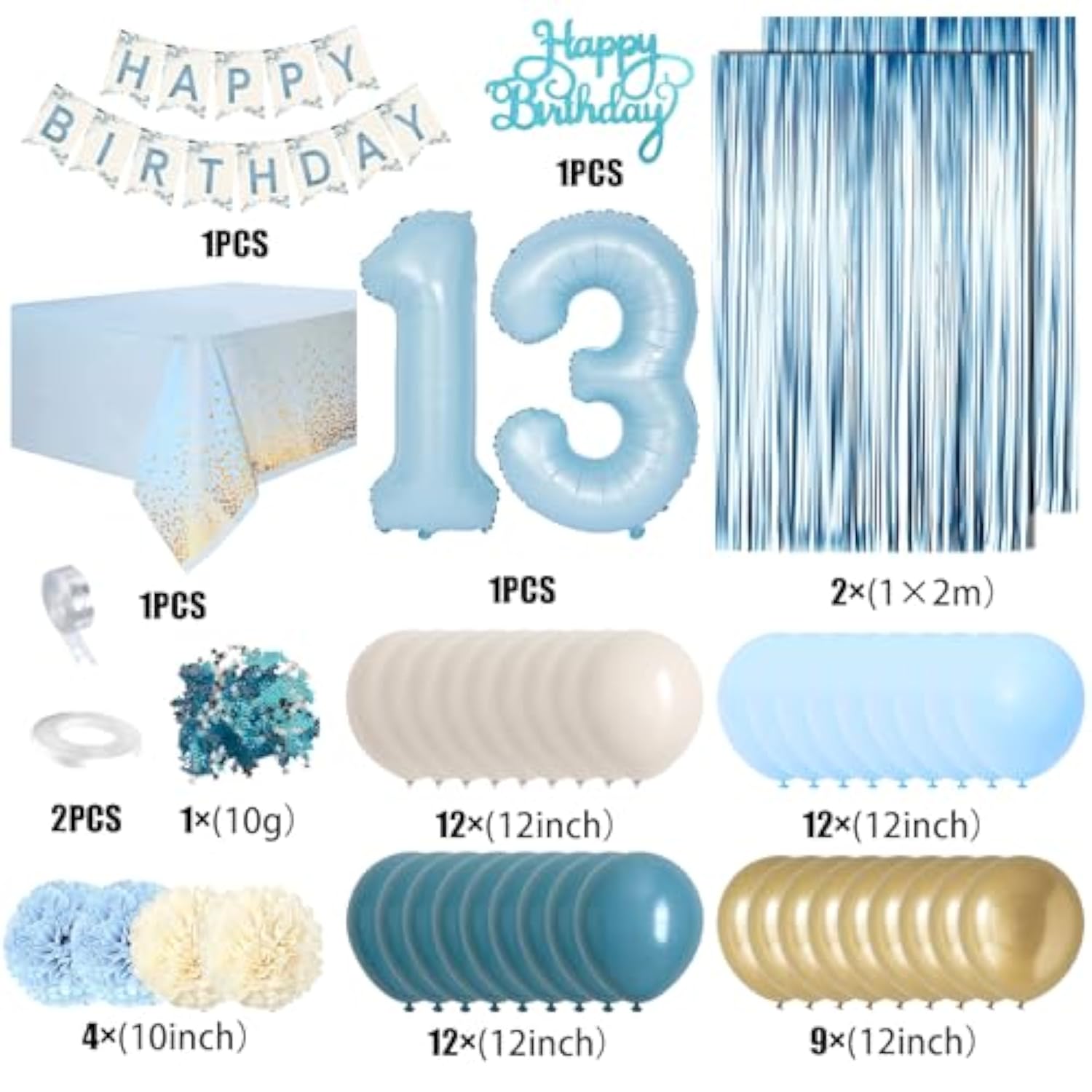 13Th Birthday Decorations For Girls, Blue Official Teenager Decorations Light Blue White Gold Balloons Happy Birthday Banner Tablecloth Fringe Curtain Cake Topper Paper Pom Poms 13 Bday Boys Girls