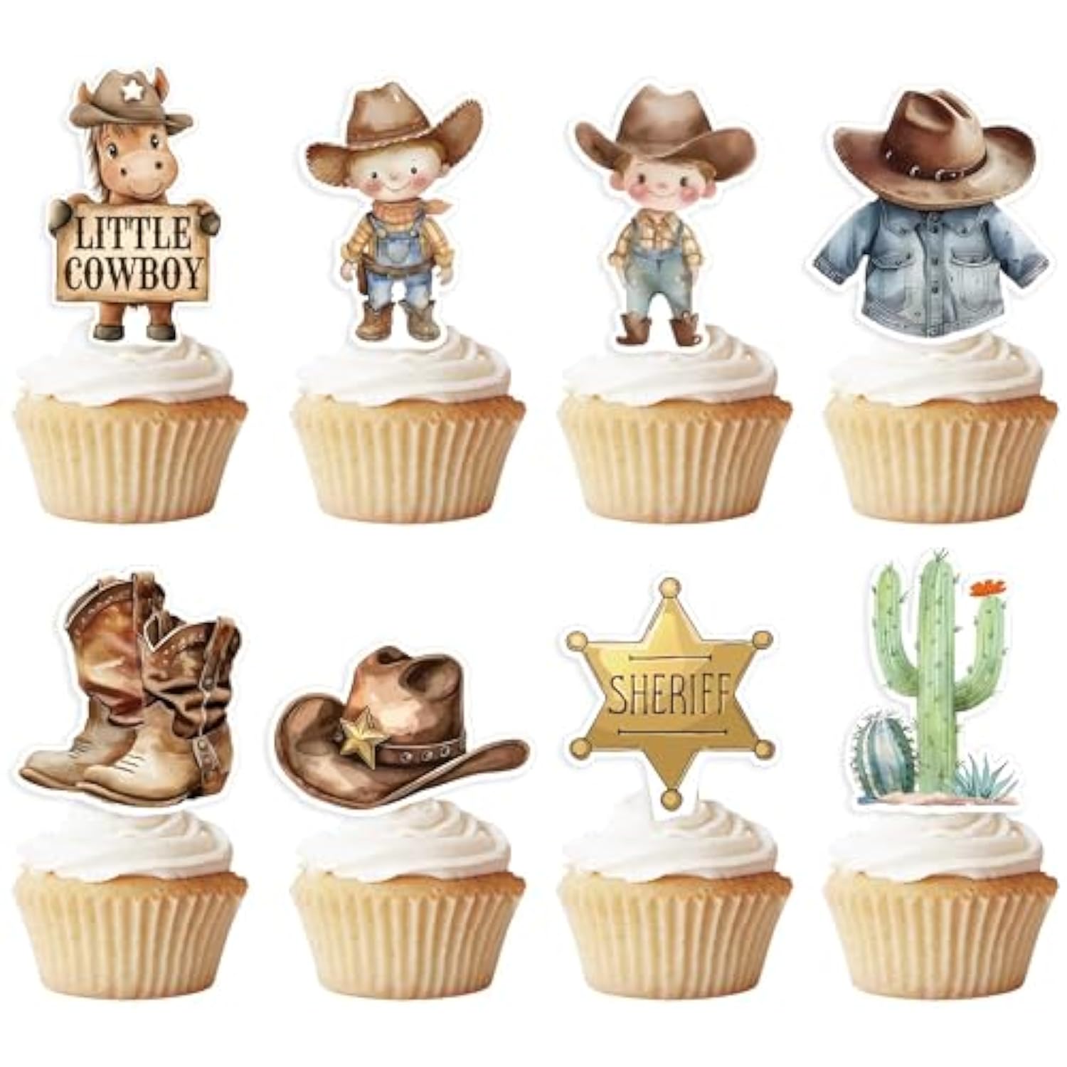 48Pcs Little Cowboy Baby Shower Cupcake Toppers - My First Rodeo Decorations Boy, A Little Cowboy Is On The Way Party Decor