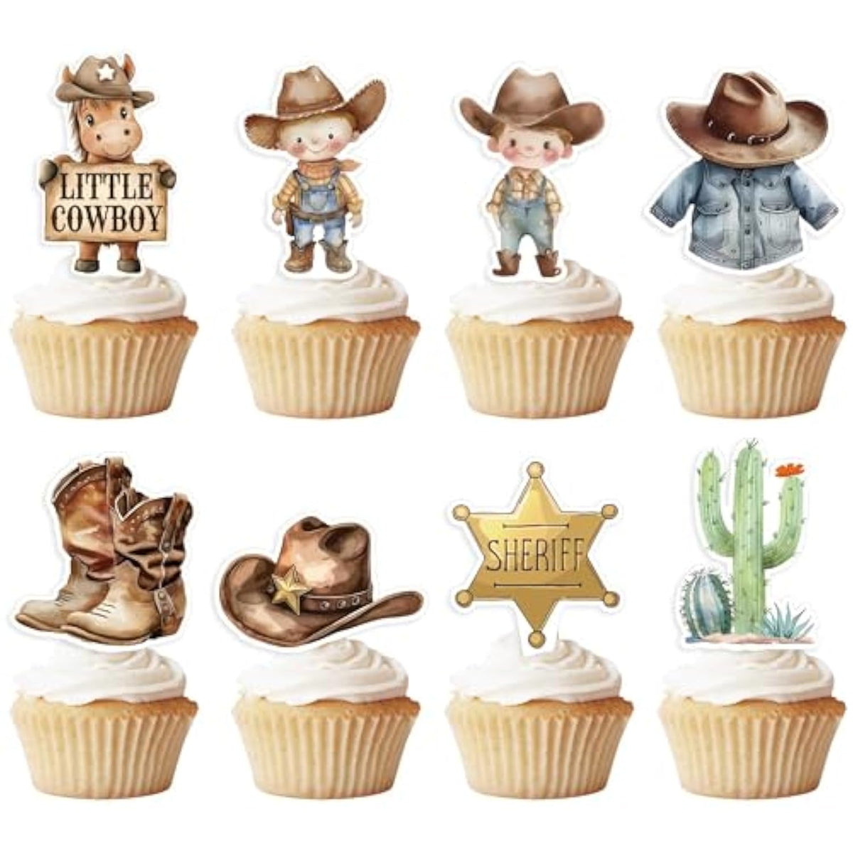 48Pcs Little Cowboy Baby Shower Cupcake Toppers - My First Rodeo Decorations Boy, A Little Cowboy Is On The Way Party Decor