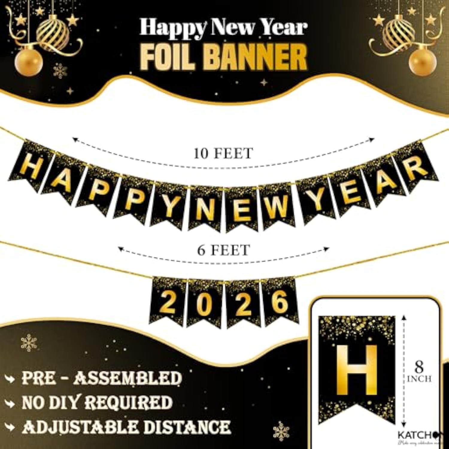 10 Ft Large Pre-Strung 2026 Happy New Year Banner for Party Decorations