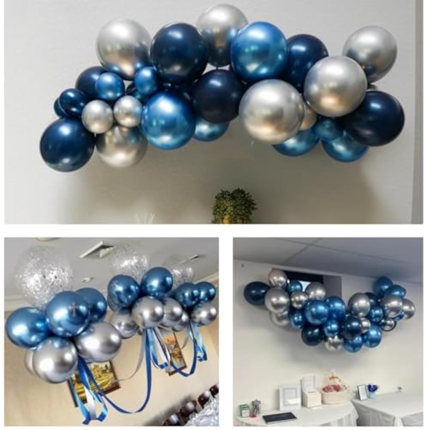 Navy Blue And Silver Balloons, 12 Inch Metallic Latex And Confetti Balloons For Birthday, Baby Shower, Graduation Decorations