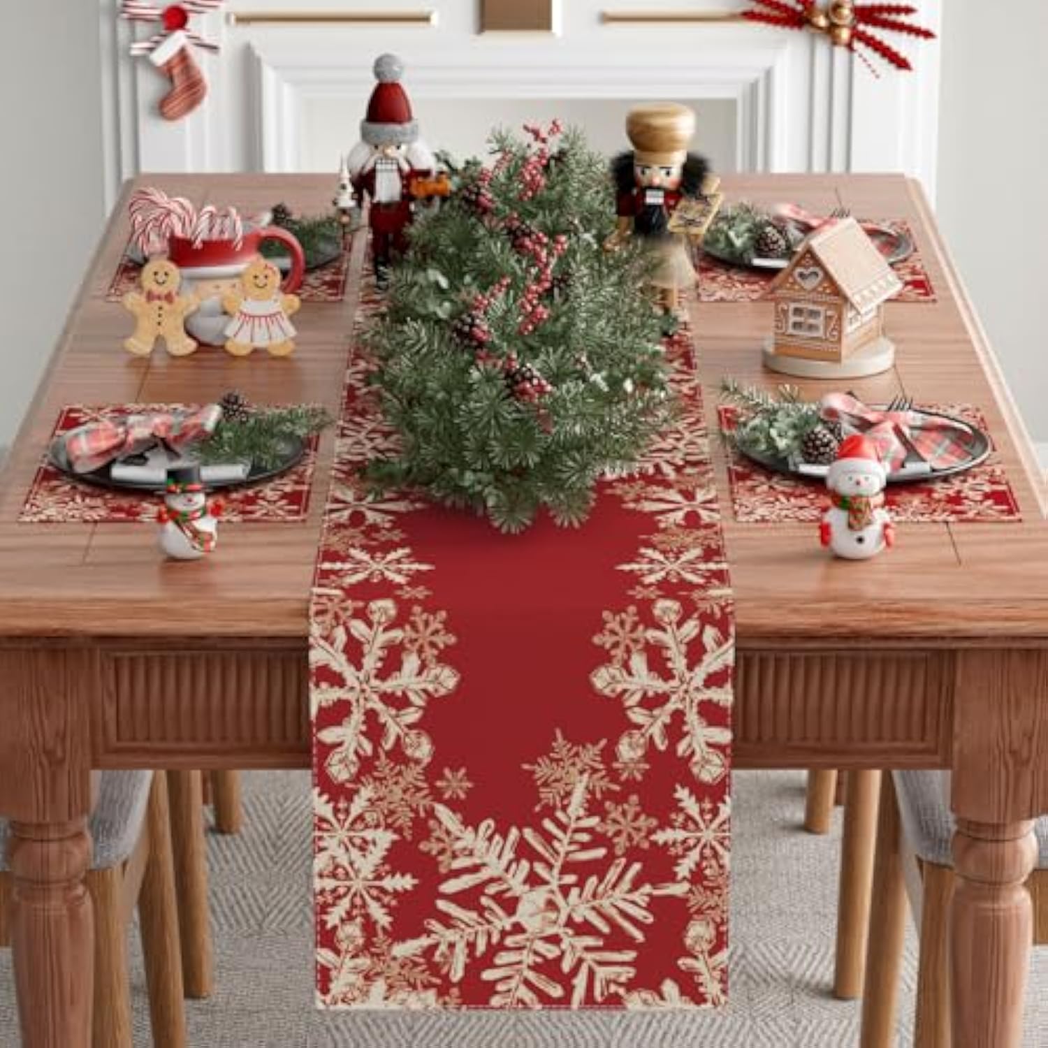 Red Snowflakes Winter Christmas Xmas Table Runner Table Decoration For Home Kitchen Dining Holiday Decor 13X72 Inch