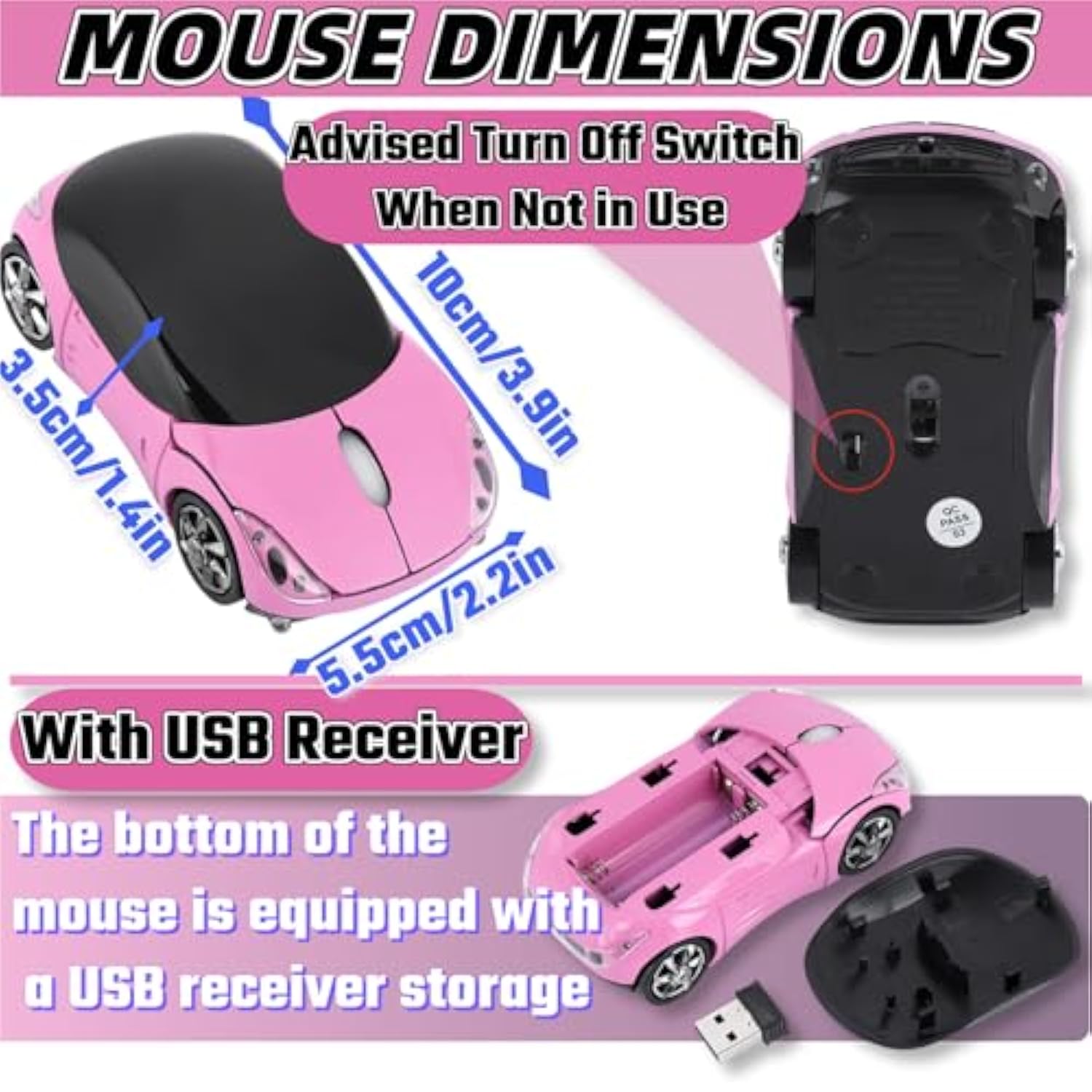 Pink Wireless Mouse,Cute Wireless Car Mouse With Usb Reciver 1600Dpi Optical 2.4G For Pc Computer Laptop Tablet For Win Xp/Vista/Win7/Me/2000/For Mac Os(Cute)