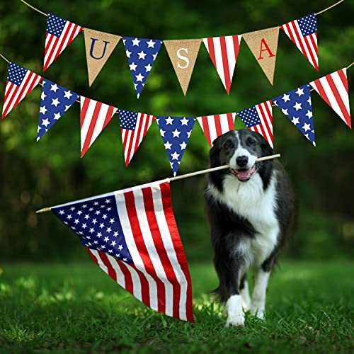 Independence Day Pennant Flag 4th of July Burlap Banner USA Bunting Banner Patriotic Triangle Flag American Star Stripe Garland Banner for Memorial Veteran Day Labor Day Mantel Fireplace Decor