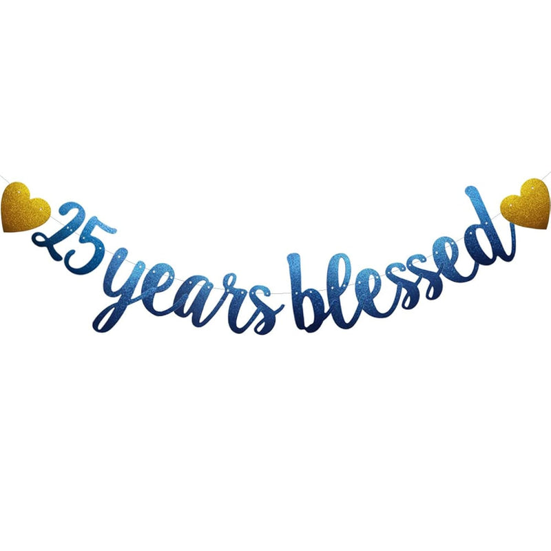 25 Years Blessed Banner, Pre-Strung, Blue Glitter Paper Garlands For 2