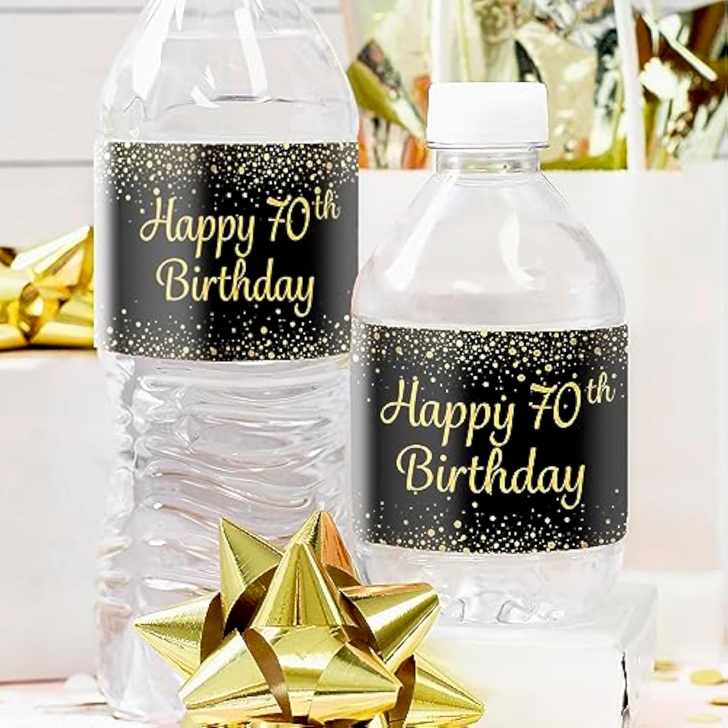 70Th Birthday Party Water Bottle Labels – Black & Gold Birthday Decorations, 20 Stickers