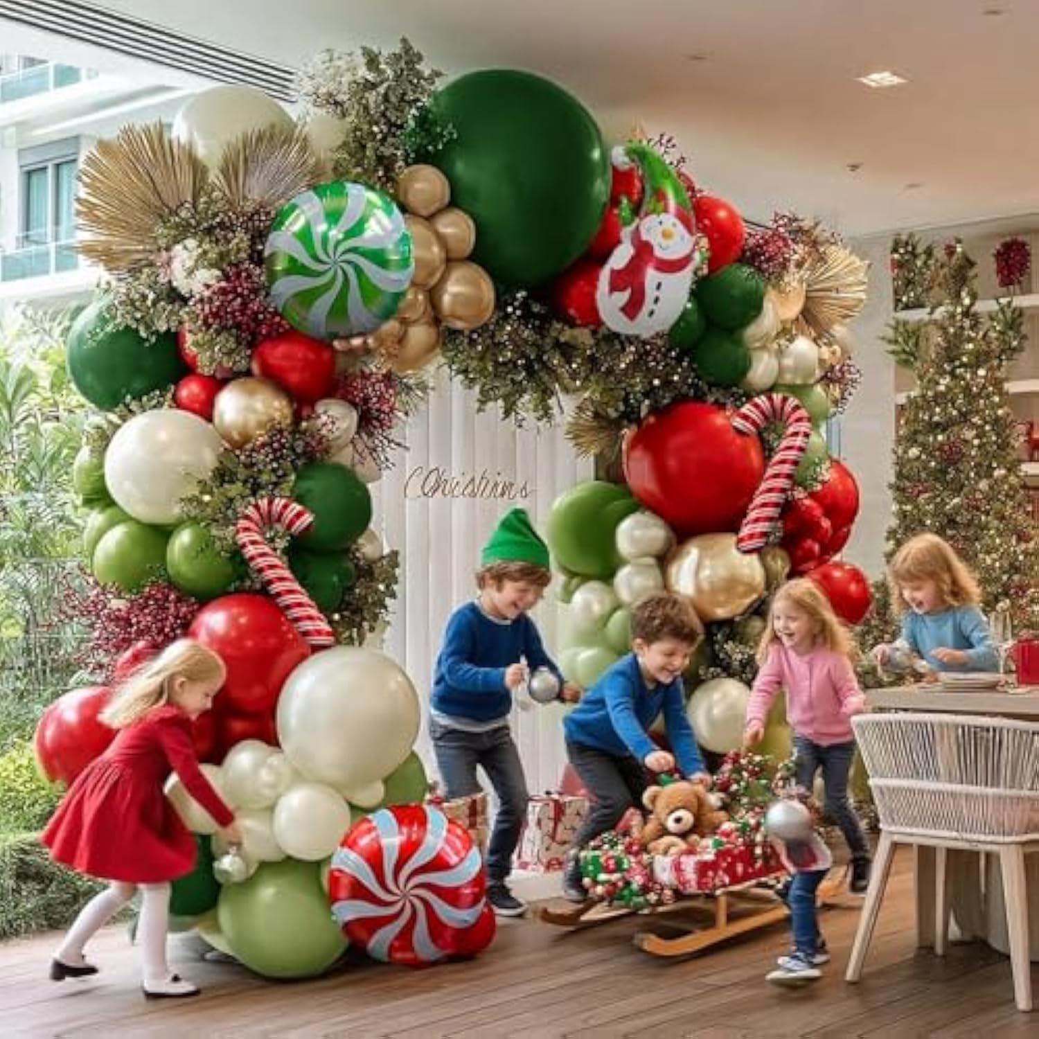 Christmas Balloon Garland Double Stuffed Sage Olive Green Red Gold Pearl White Sand Balloon Arch Kit Cane Santa Claus Balloons For Birthday New Year Xmas Christmas Eve Party Decorations