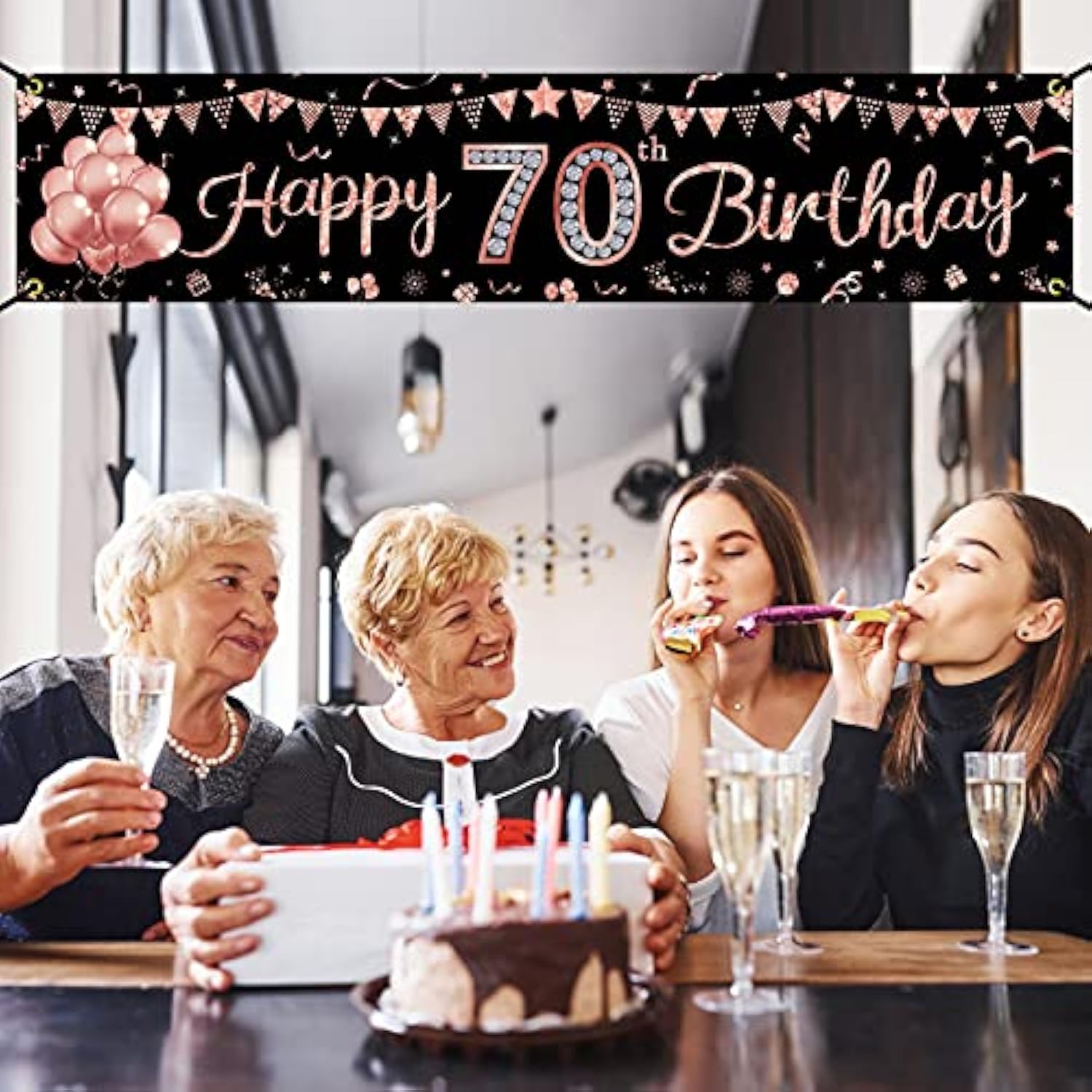 Rose Gold Happy 70th Birthday Banner & Party Decorations for Women