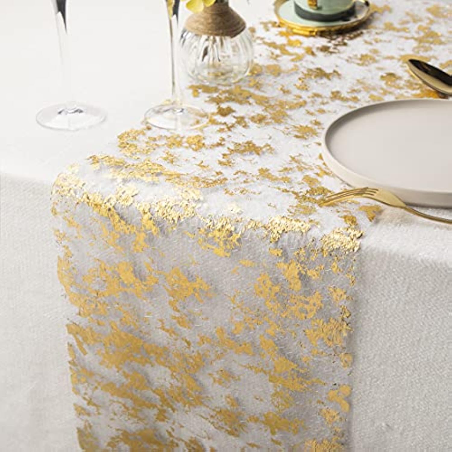Gold Table Runner, Glitter Metallic Gold Thin Mesh Table Runner Roll 11 Inch X 16 Feet, Event Party Supplies Fabric Table Decorations For Wedding, Bridal Shower, Baby Shower, Birthday Party