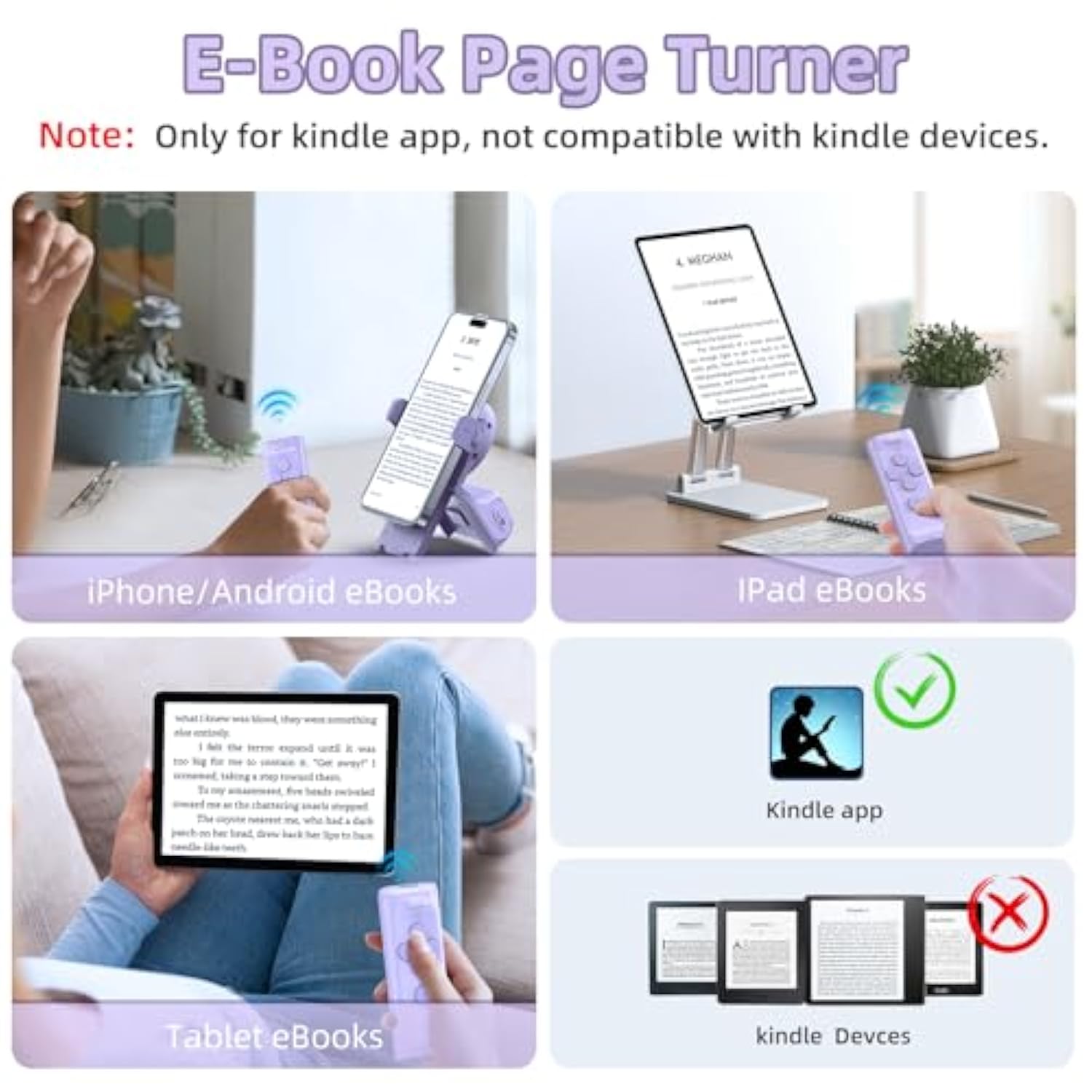 Remote Control Scrolling For Tiktok With Phone Stand,Page Turner For Kindle App E-Book,Bluetooth Camera Shutter Remote For Iphone, Android,Ios,Ipad,Tablet (Purple)