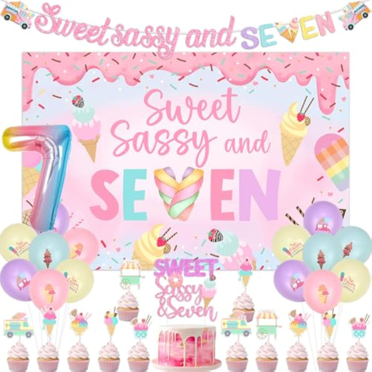 Donut 7Th Birthday Party Decorations Sweet Sassy And Seven Birthday Decor Sweet Sassy And 7 Birthday Backdrop Pastel Donut Balloon Garland Kit With Ice Cream Dessert Balloon Decor For Girl