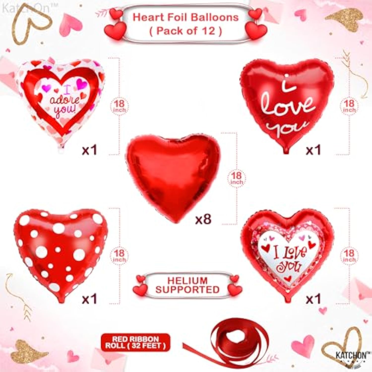 Red Heart Balloons Decorations Set - 18 Inch, Pack Of 12 | I Love You Valentines Day Decorations | I Adore You Heart Shaped Balloons