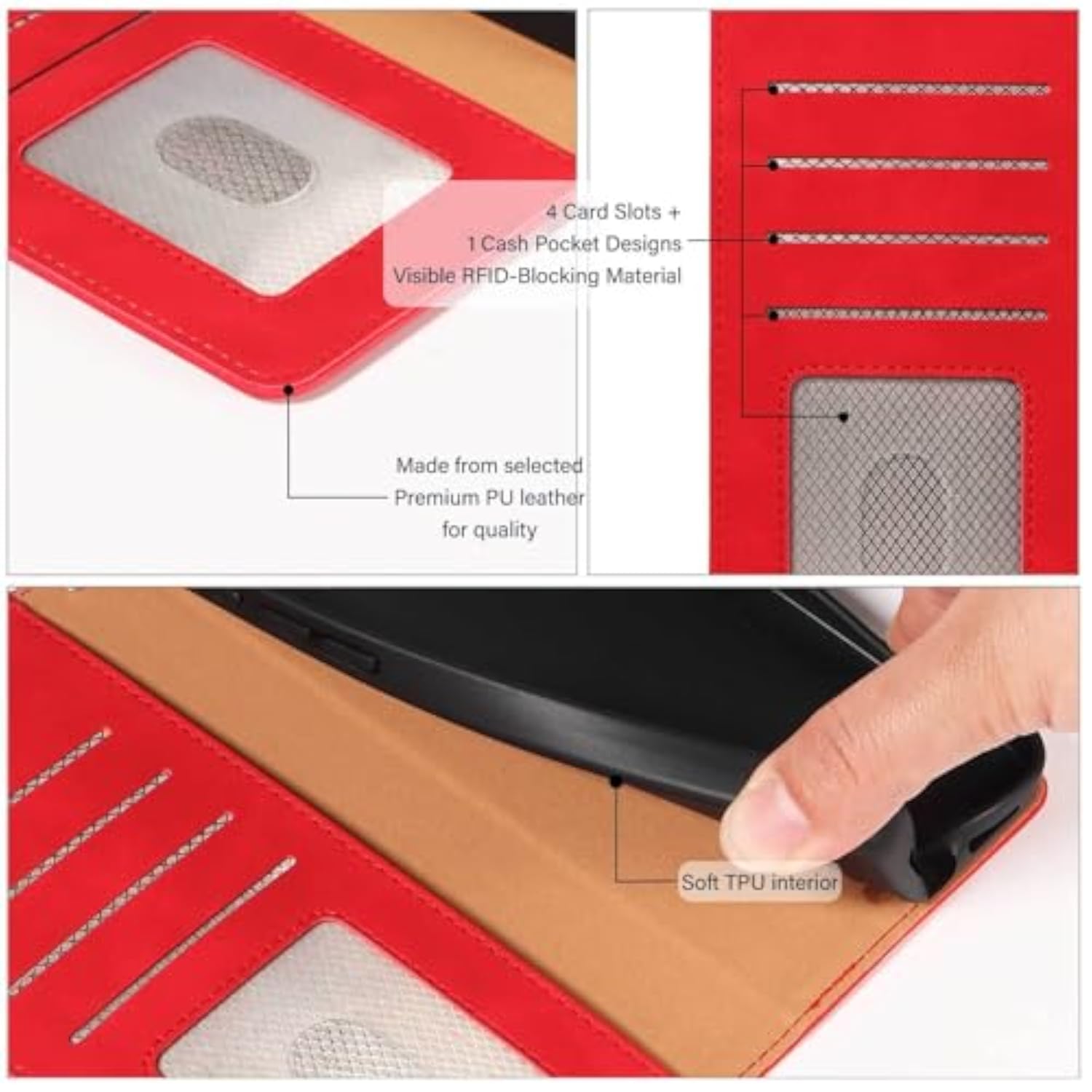 iPhone 15 Wallet Case with RFID Blocking and 4 Card Slots, Red