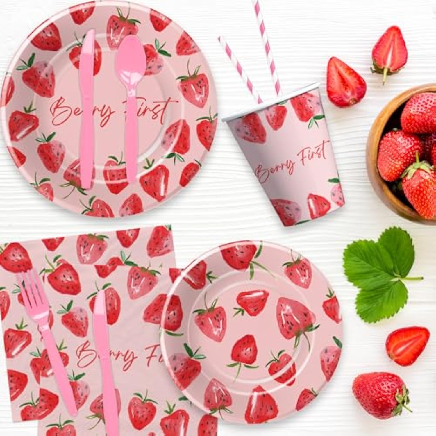 Strawberry 1St Birthday Decorations Tableware - Strawberry First Sweet One Birthday Party Supplies, Paper Plate, Cup, Napkin, Tablecloth, Disposable Cutlery | Serves 24