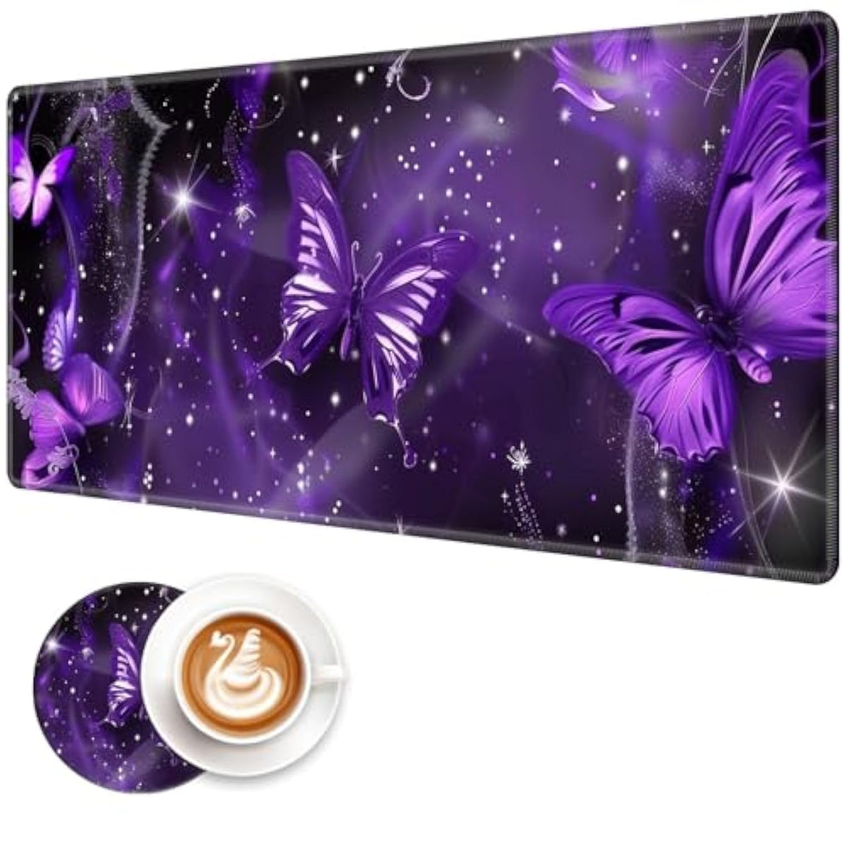 Xxl Gaming Mouse Pad, Extra Large Waterproof Desk Mat For Office Gaming, Non-Slip Rubber Base Durable Stitched Edge, Easy To Clean, Purple Butterfly