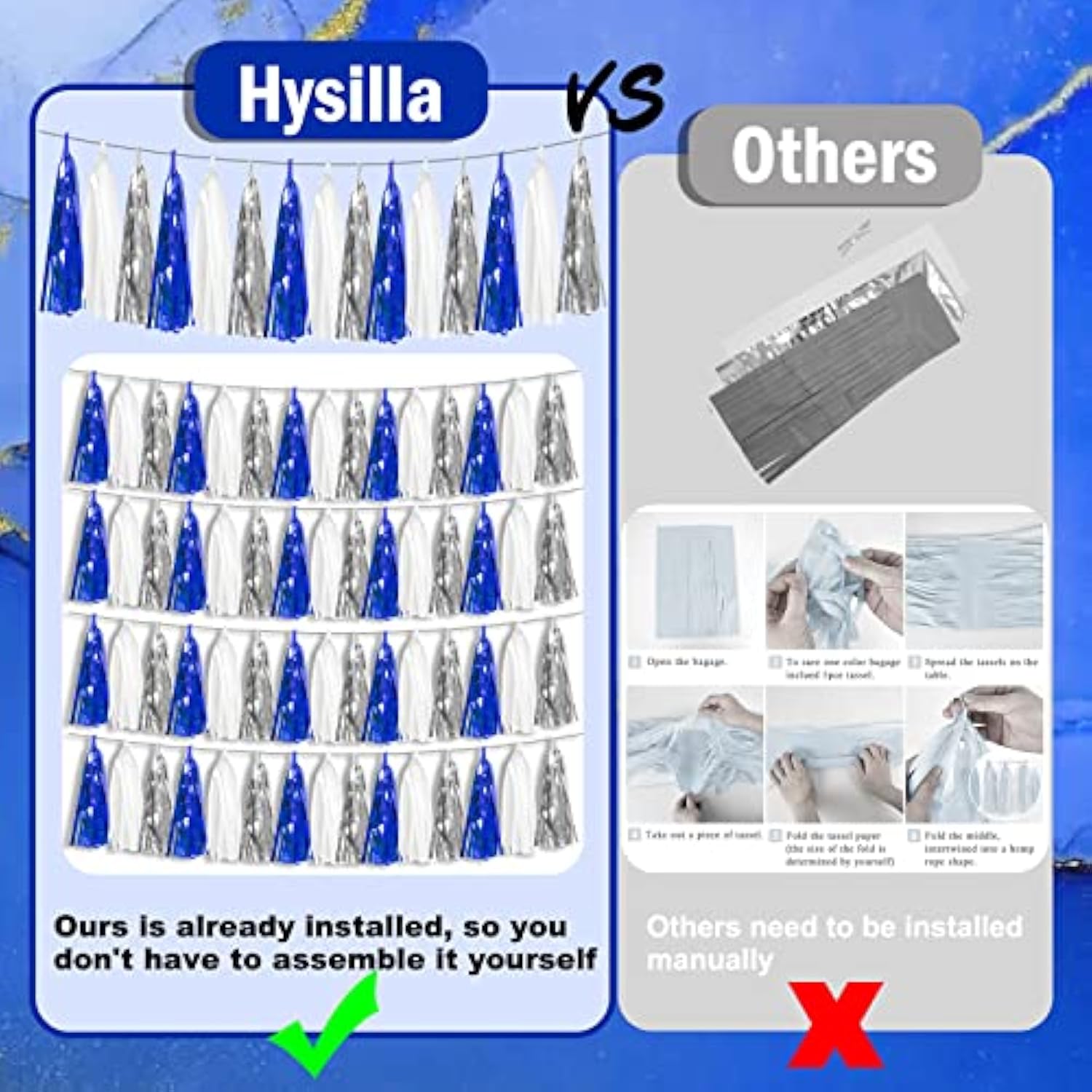 4P Navy-Blue White-Silver Foil Fringe Metallic Tassel Garland Banner, Tassels Banner Streamers For Parade Floats, Bachelorette, Wedding, Birthday, Halloween, Bridal/Baby Shower Party Decorations