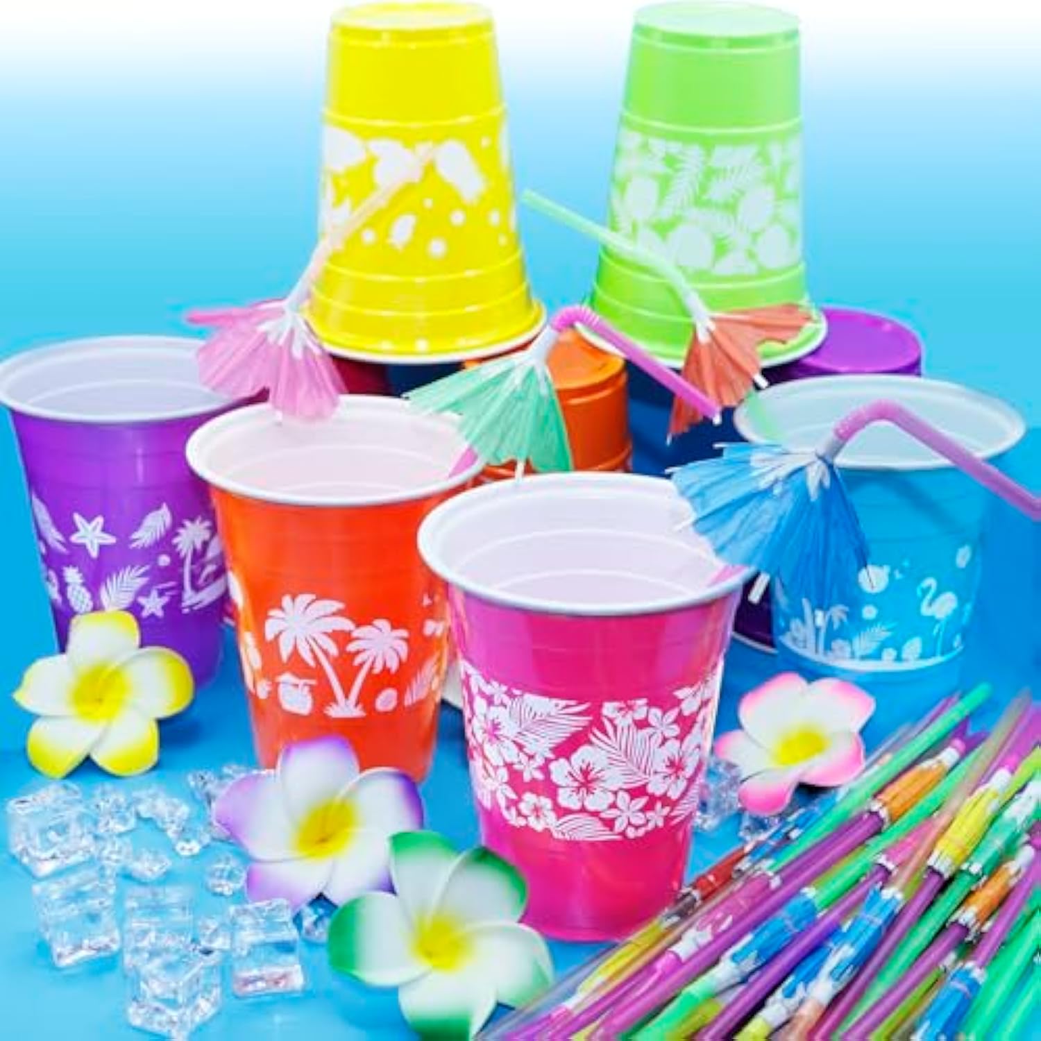 50 Pcs Luau Cups Hawaiian Cups For Party Hawaiian Luau Party Decorations With Parasol Straws - 16 Oz Tropical Cup Disposable Beach Cup Aloha Party Supplies Summer Party Decorations