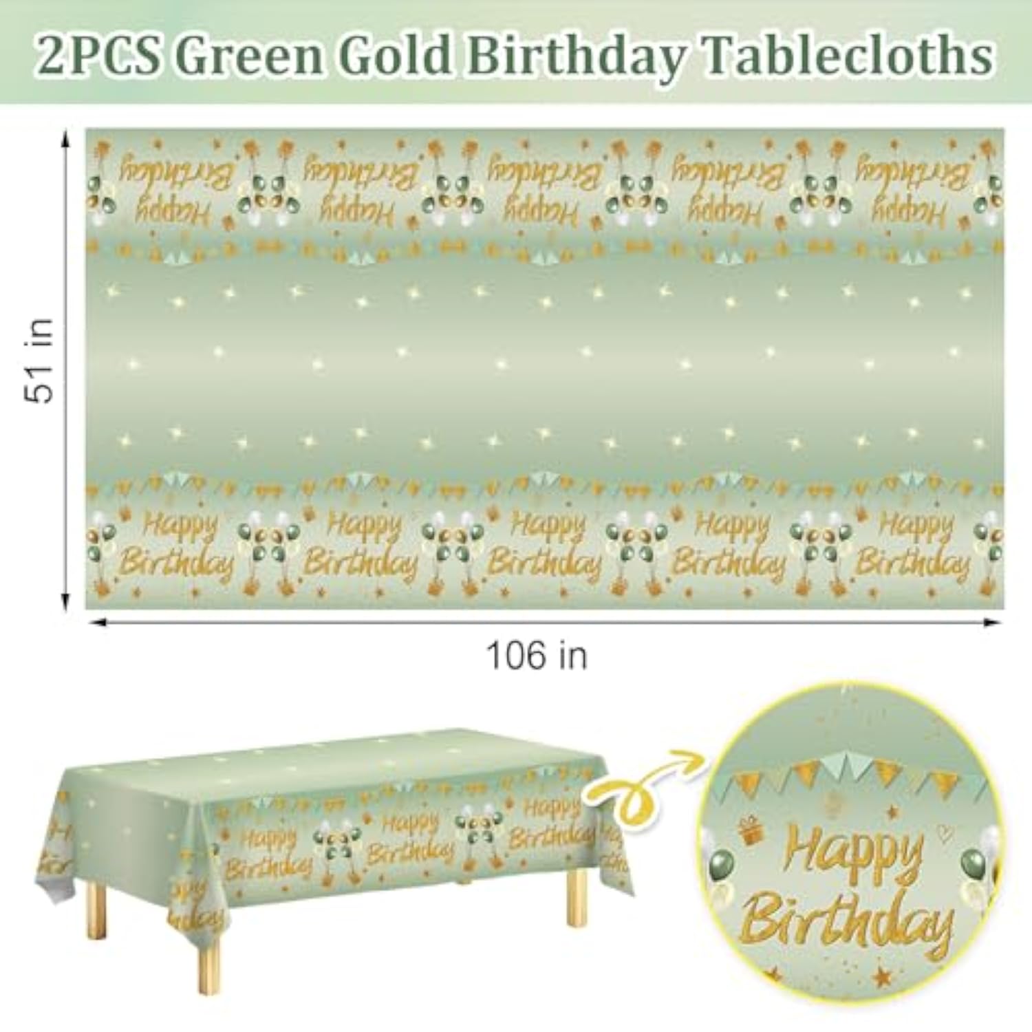 2Pcs Sage Green Birthday Tablecloth Decorations For Women Girls, Light Green Happy Birthday Table Cover Party Supplies, 13Th 16Th 21St 30Th 40Th 50Th Bday Plastic Disposable Rectangular Table Cloth