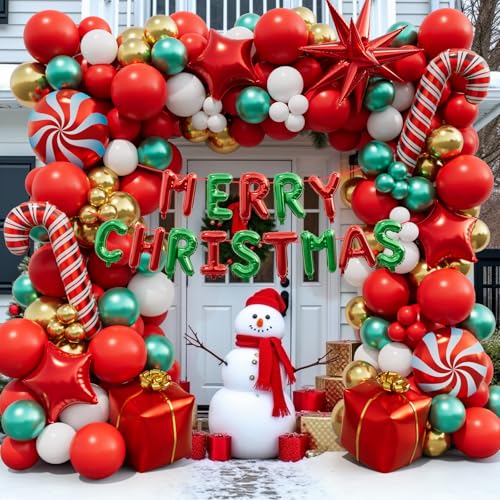 143 Pcs Christmas Balloon Garland Arch Kit-Merry Christmas Banner and Red White Gold Metallic Green Cane Balloons Candy Foil Balloons Gift Box Balloons for Xmas Party Decorations