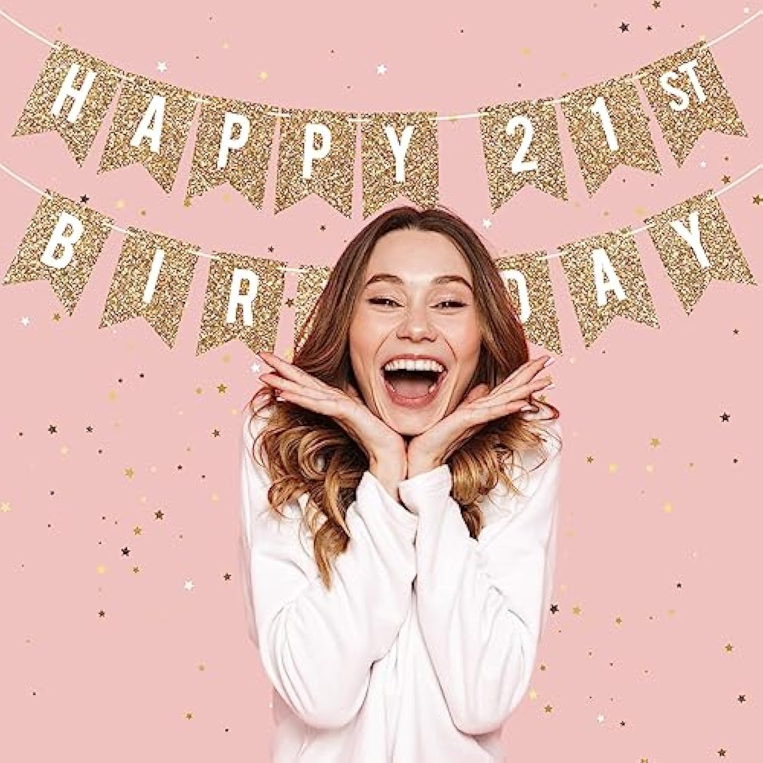 Pre-Strung Happy 21St Birthday Banner - No Diy - Gold Glitter 21St Birthday Party Banner For Men & Women - Pre-Strung Garland On 6 Ft Strands - Gold Bday Party Decorations & Decor - No Diy