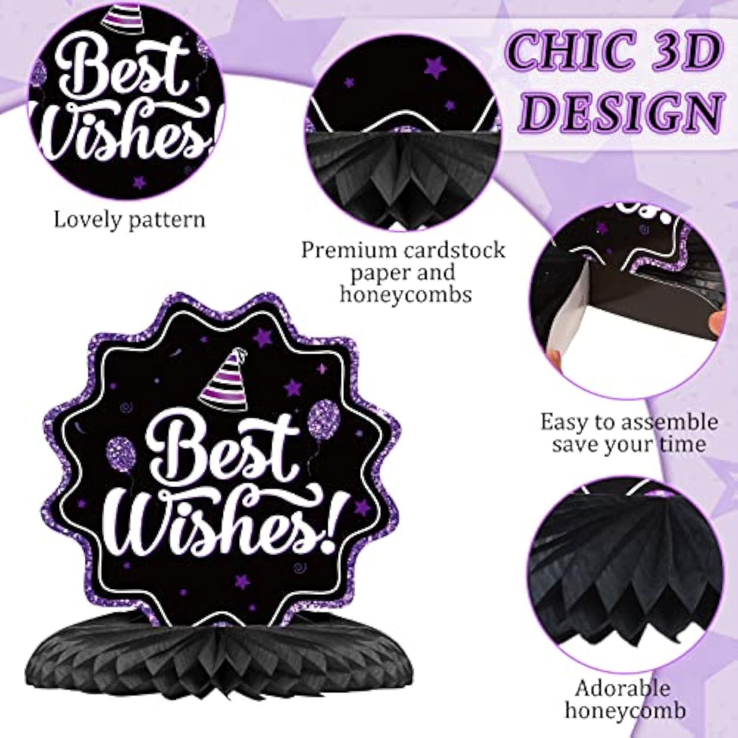 12PCS Birthday Honeycomb Centerpieces for Table Decor, Purple & Black Theme Party Props
