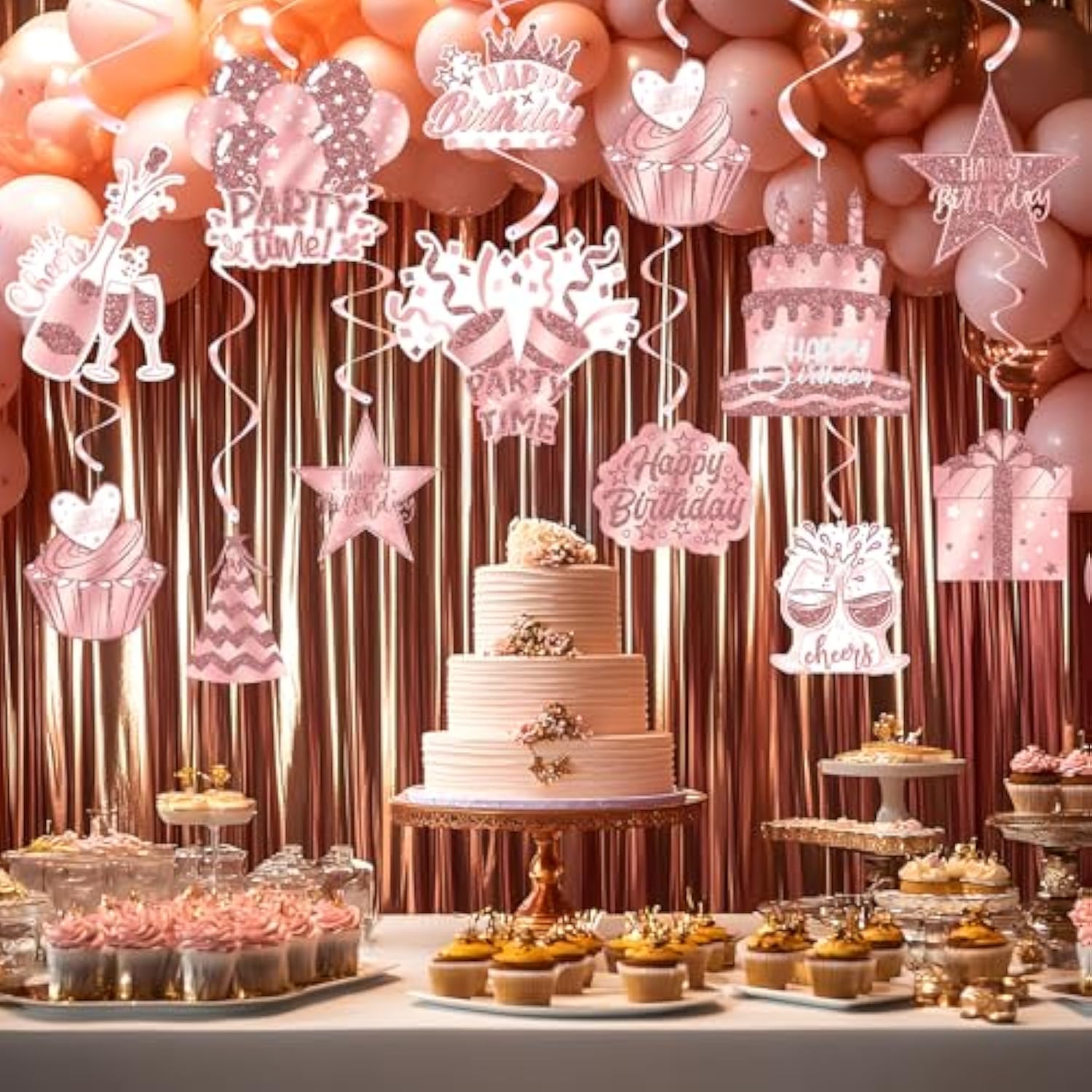 Rose Gold Happy Birthday Hanging Swirl Decorations 48Pcs Set With 24 Hanging Swirls And 24 Birthday Cutouts