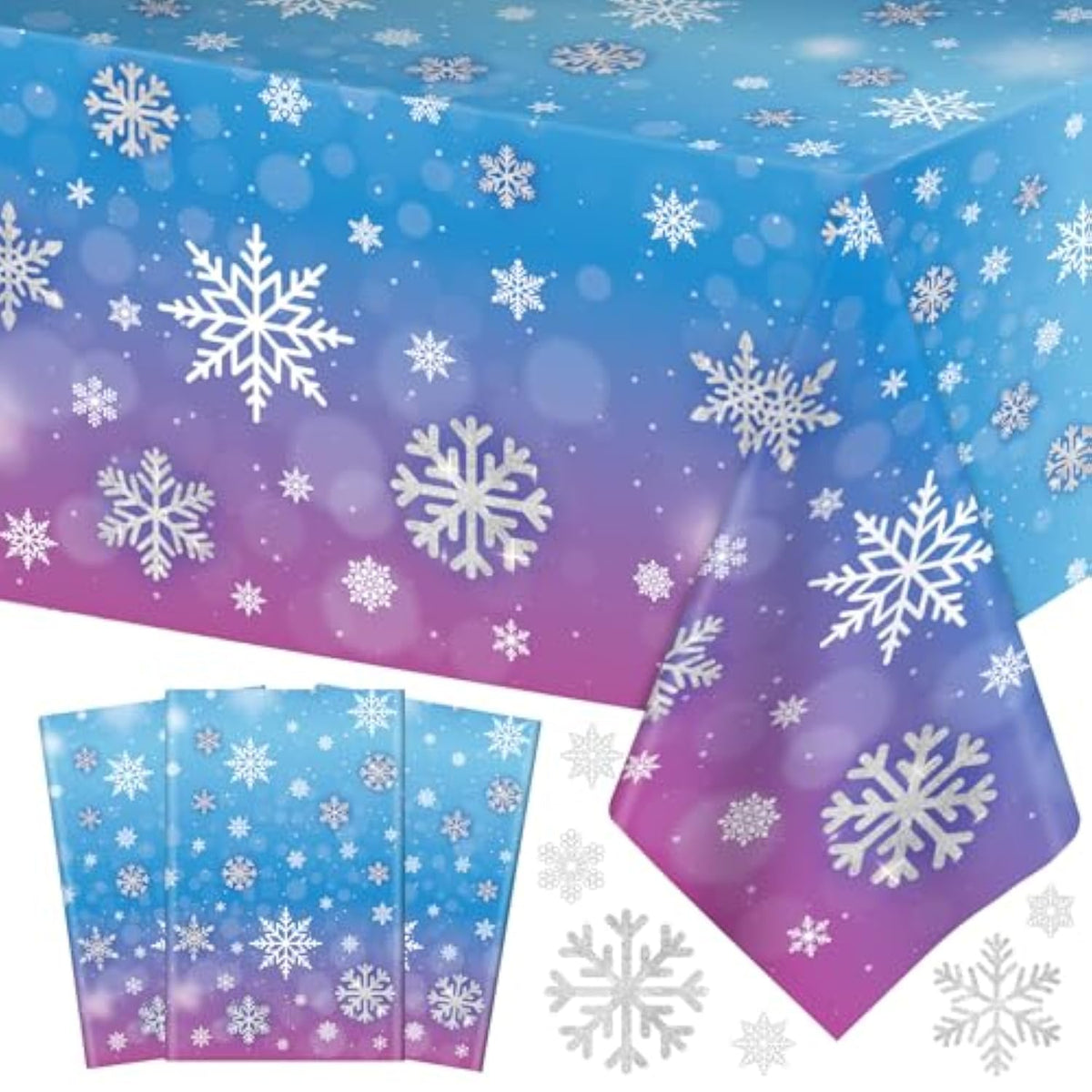 3 Pcs Winter Snowflake Tablecloth - Frozen Wonderland Plastic Table Cloth Disposable Rectangular Snowflakes Table Cover For Frozen Birthday Party Supplies And Christmas Tables Decorations,108 X 54Inch