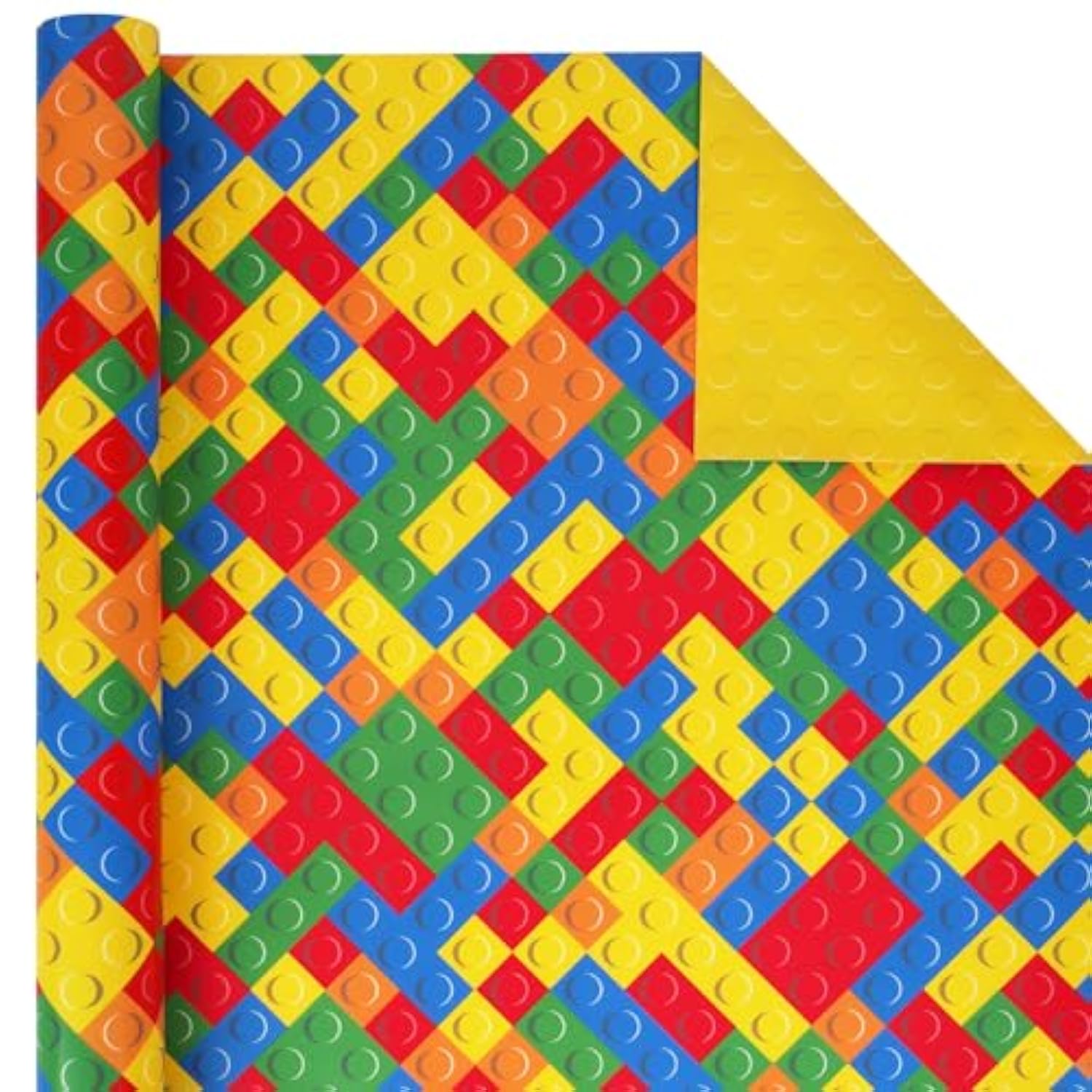 Reversible Building Blocks Wrapping Paper For Boys Girls - 17 Inch X 33 Ft - Colorful Building Bricks Design Gift Wrap Paper For Kids Birthday Party Toy Lovers