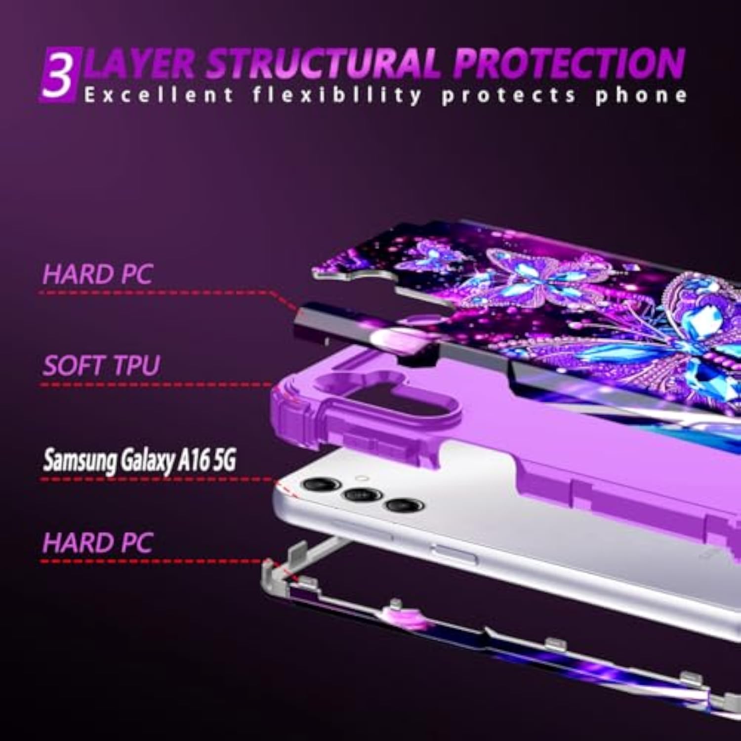 Glow in the Dark Heavy Duty Shockproof Case for Samsung Galaxy A16 5G 6.7 inch, Purple, 3 in 1 Design with Plastic Bumper and Silicone Inner Frame