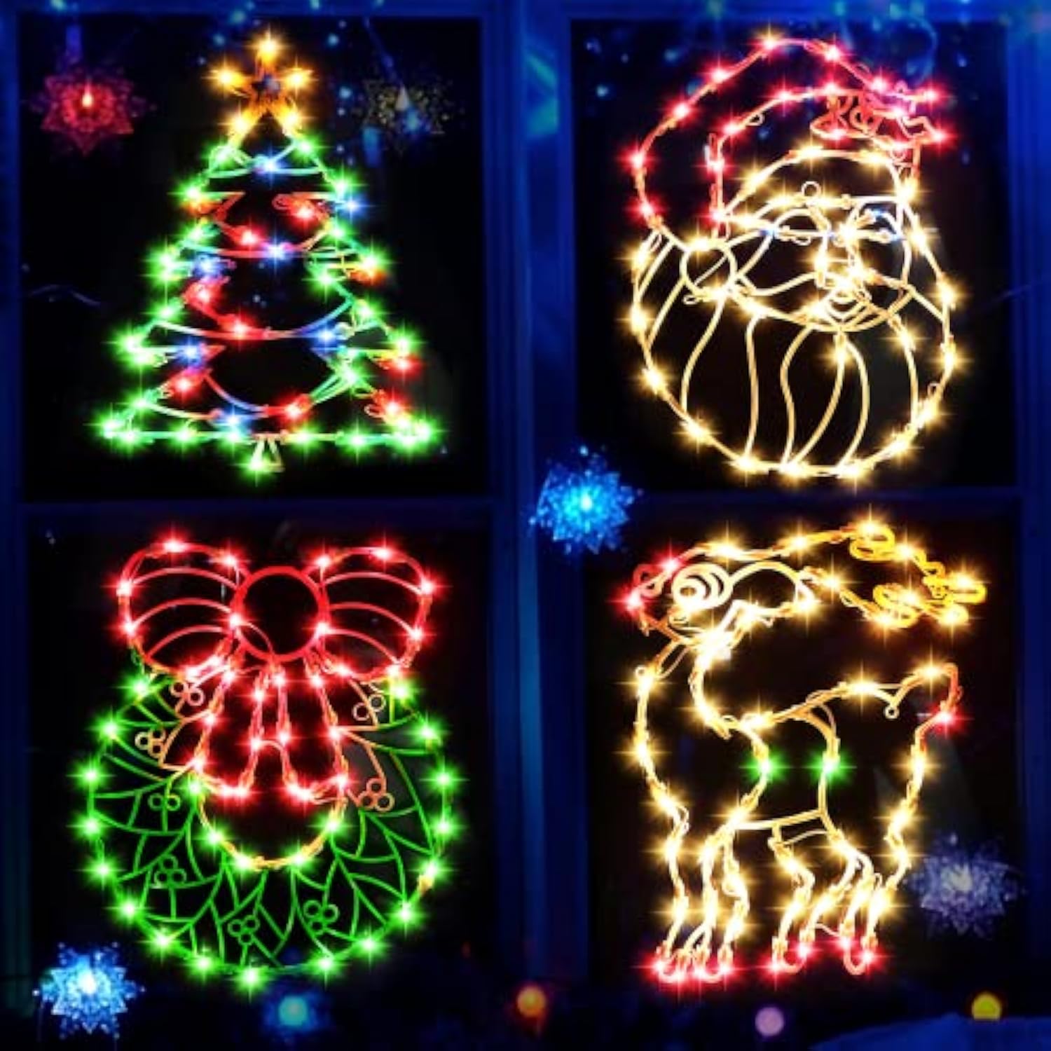 16 Inch Christmas Window Silhouette Lights Decorations, 4 Pack Waterproof Window Hanging Lights Elk, Christmas Tree, San