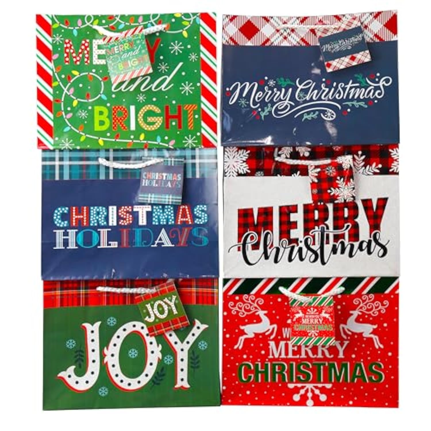 Medium Gift Bags With Tissue Paper For Christmas 24-Pack Fun Bright Designs Merry Christmas, Joy, Holidays