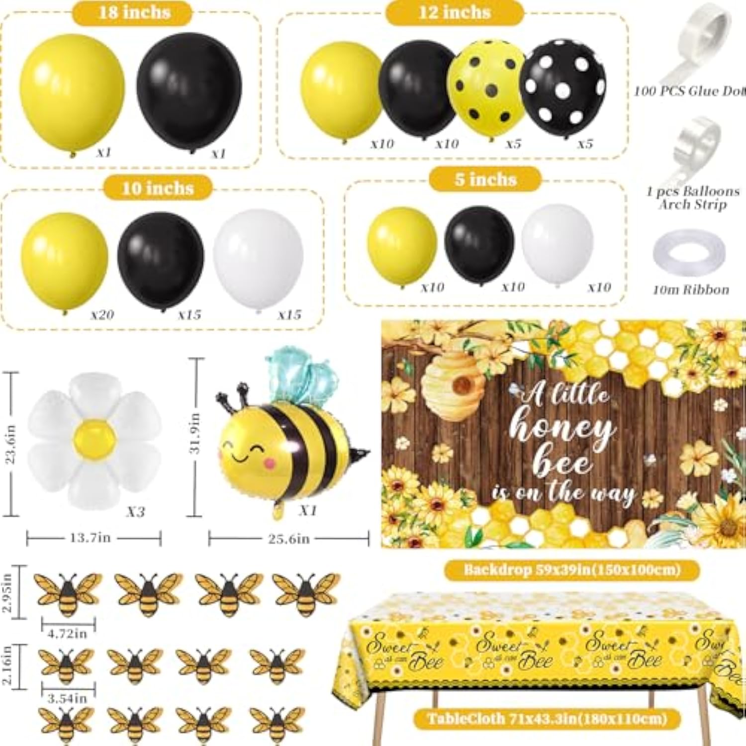 133Pcs Bee Baby Shower Decorations Bumble Bee Themed Baby Shower, Honey Bee Balloon Arch Sweet As Can Bee Tablecloth Backdrop Bee Wall Decor, Birthday Party Supplies Boy Girl Baby Shower Decor