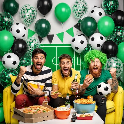 30 Pcs Green Black Soccer Balloons, 12 Inch Soccer Print Balloon Set