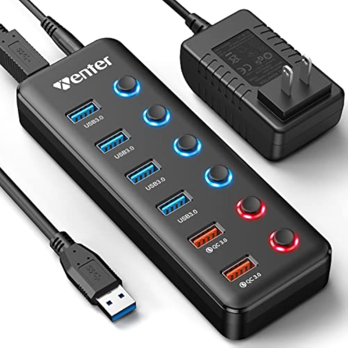 Powered Usb Hub, 6-Port Usb 3.0 Hub Splitter (4 Usb 3.0 Data Ports + 2 Qc 3.0 Fast Charging Ports) With Individual Led On/Off Switches, Usb Hub 3.0 Powered With 36W Ac Adapter For Mac, Pc