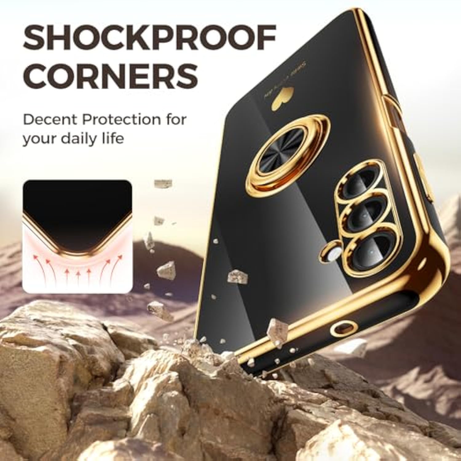 Luxury Gold Edge Slim Soft Phone Case for Samsung Galaxy A14 5G with 2 Pack Screen Protector and 360° Rotatable Ring Holder - Black