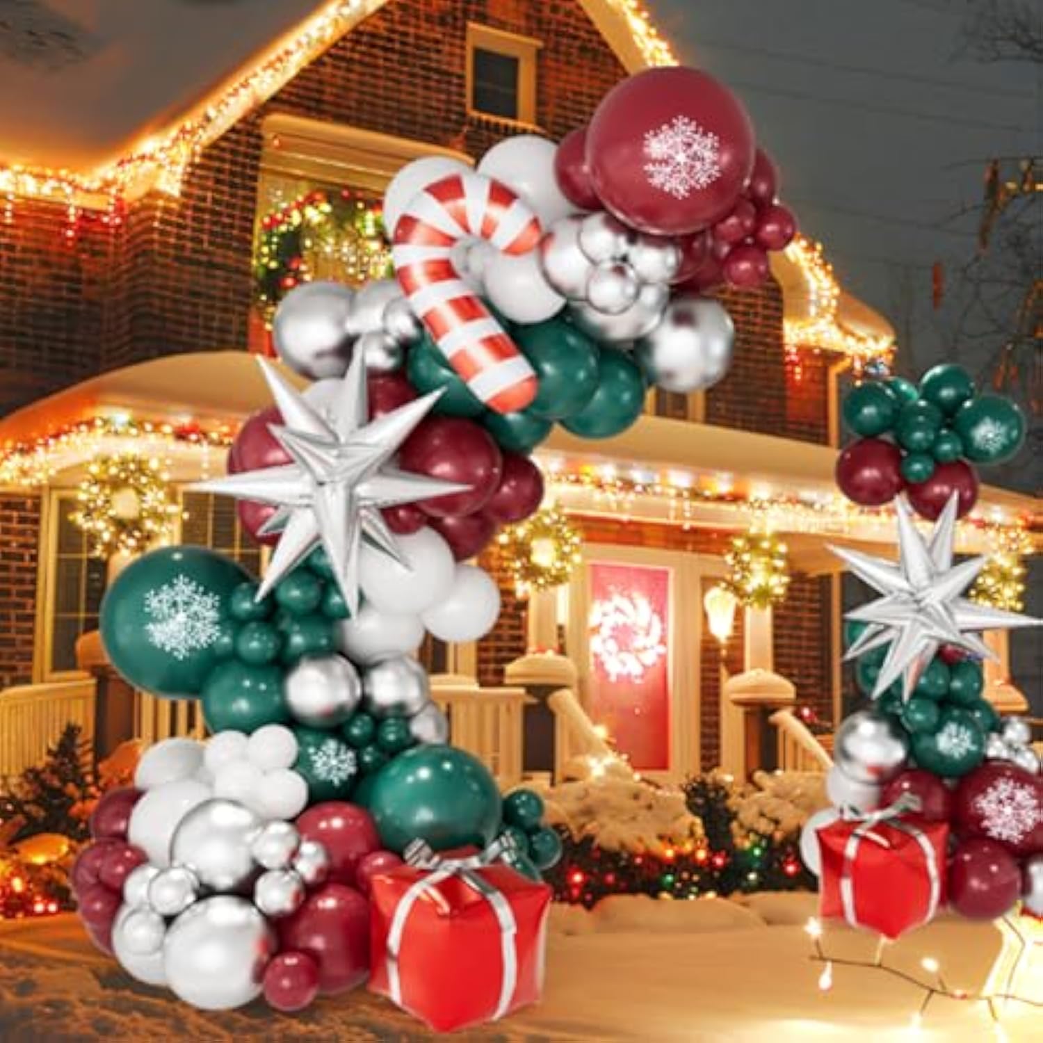 Christmas Balloon Garland Arch Kit With Red Green White Silver Balloons Candy Cane Silver Exploding Star Gift Box Foil Balloons For Christmas Party Decorations Birthday Xmas Party Supplies