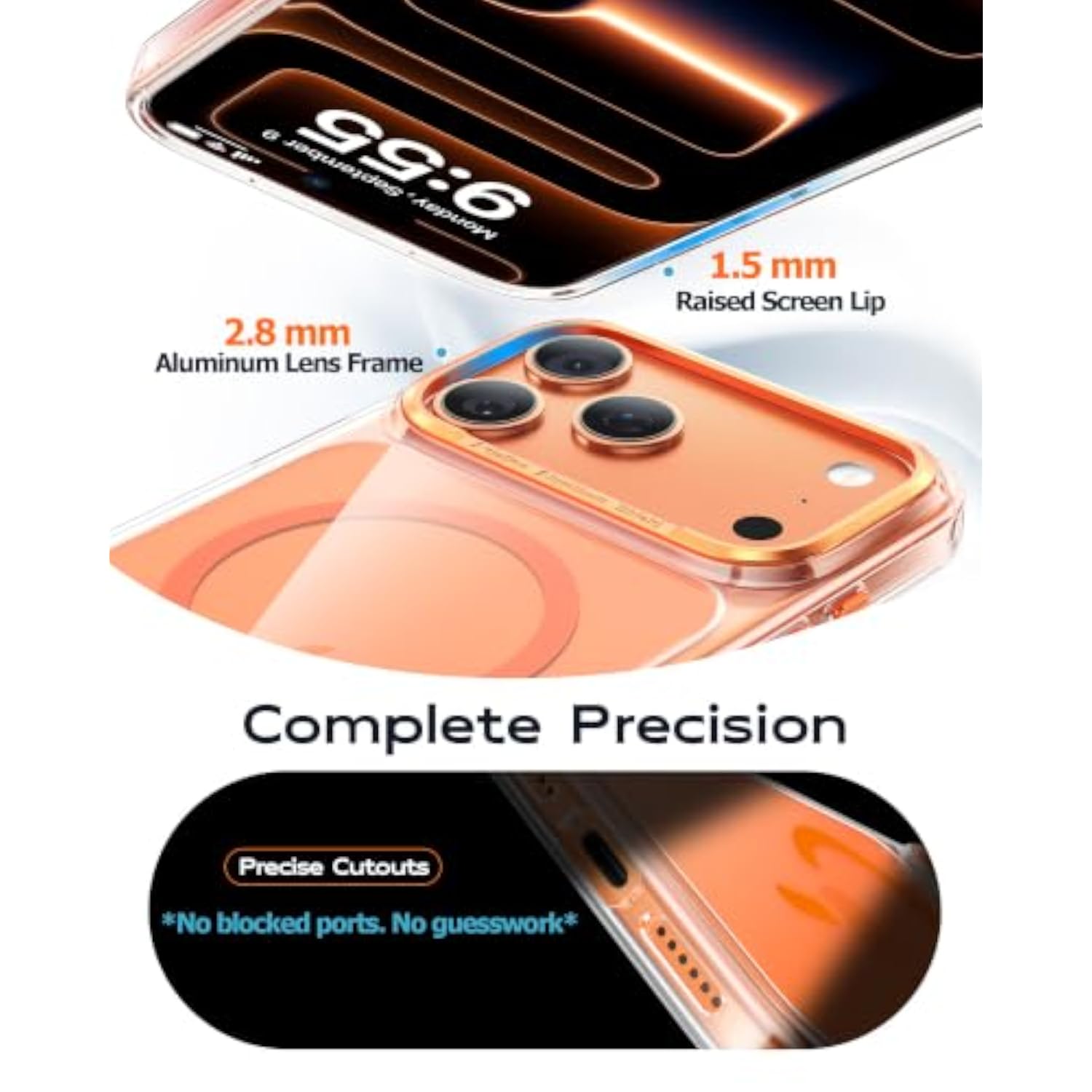 Clear Magnetic Phone Case for iPhone 17 Pro Max with Magsafe and Camera Control, Aluminum Camera Frame, Military Grade Protection, Orange Color