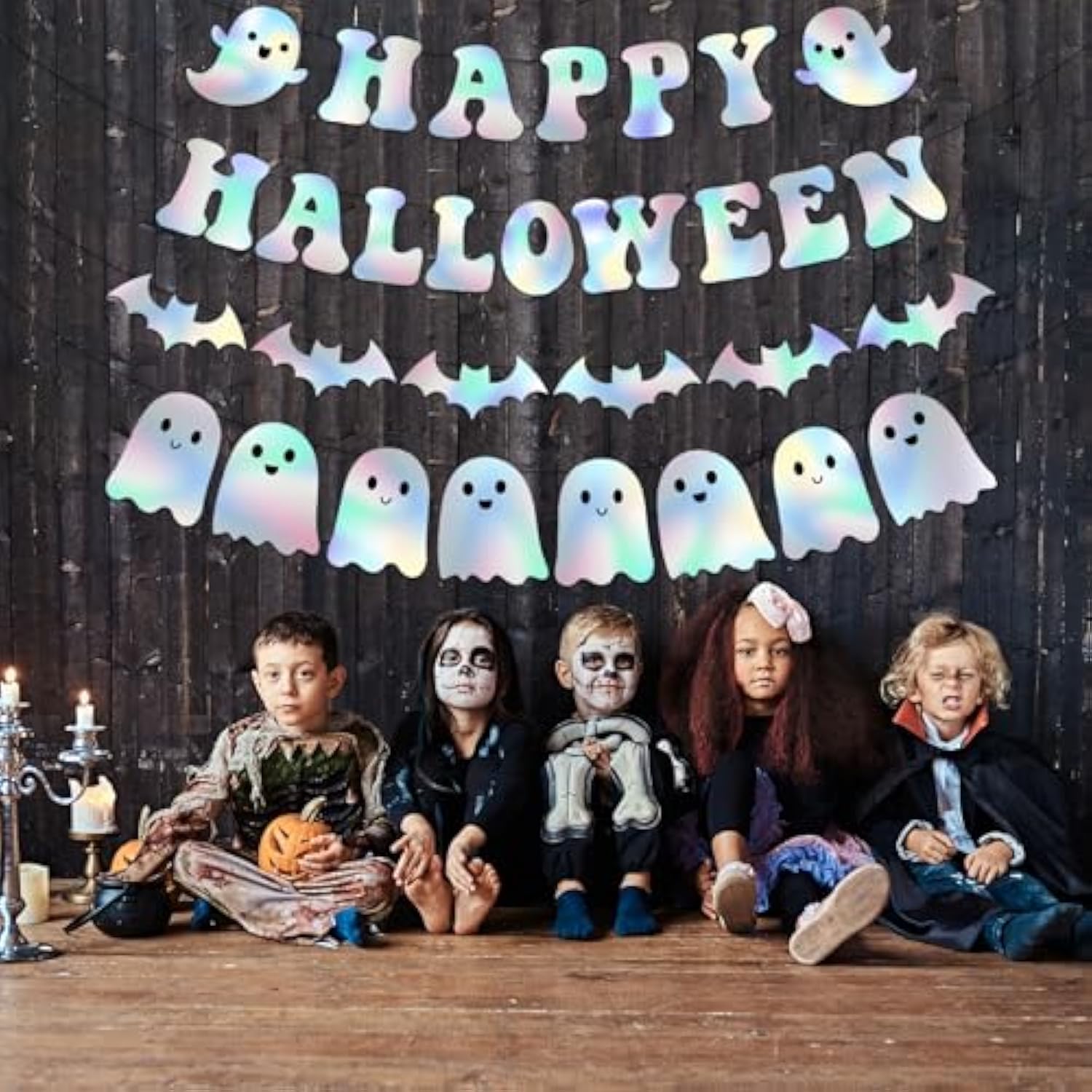 Iridescent Happy Halloween Banner Ghost Bat Garland Neon Glitter Party Decorations