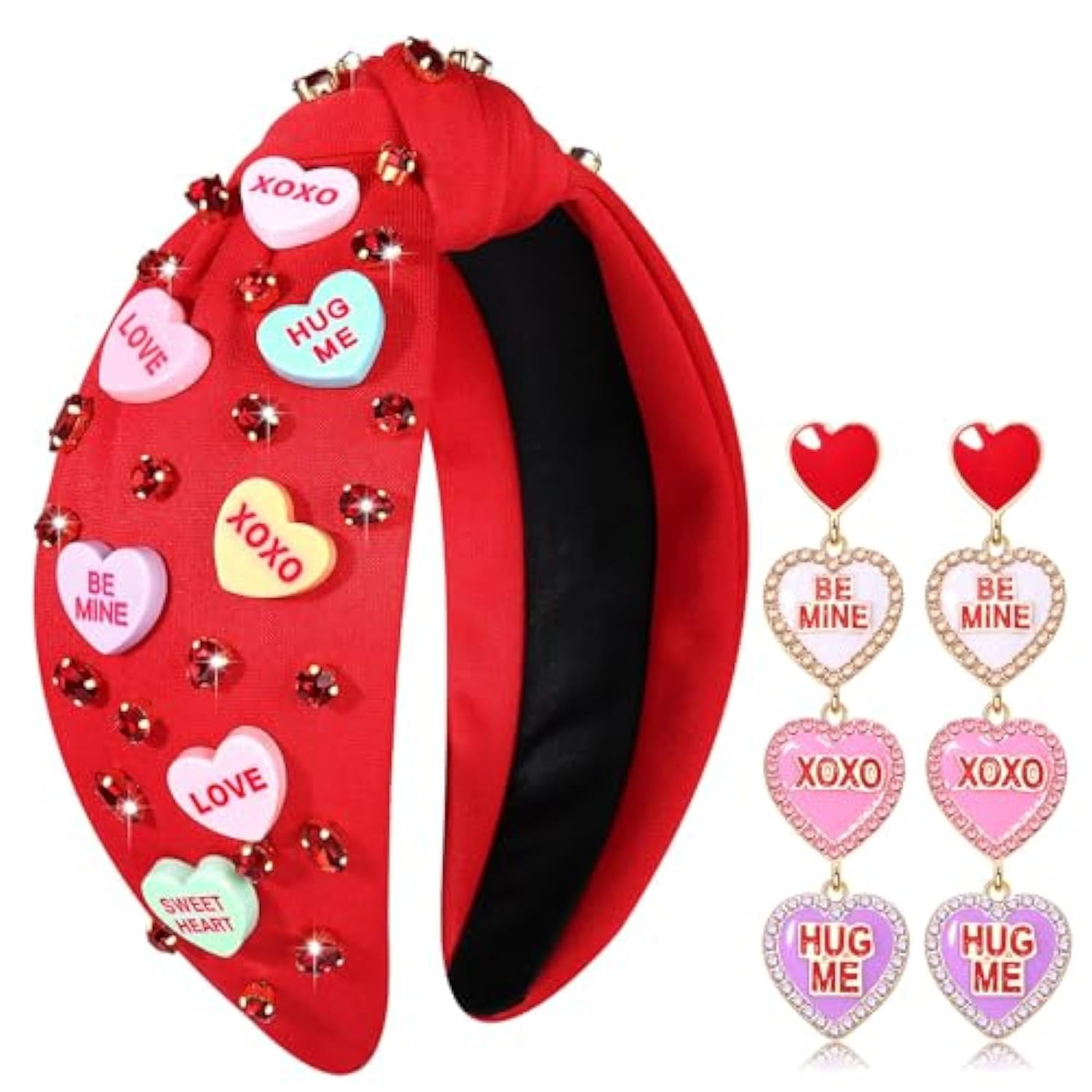 Valentine’S Day Headband For Women Love Xoxo Heart Headbands Jeweled Conversation Heart Knotted Headband Pink Red Rhinestone Crystal Top Knot Headbands Valentine’S Day Accessories Gifts (Red Set)