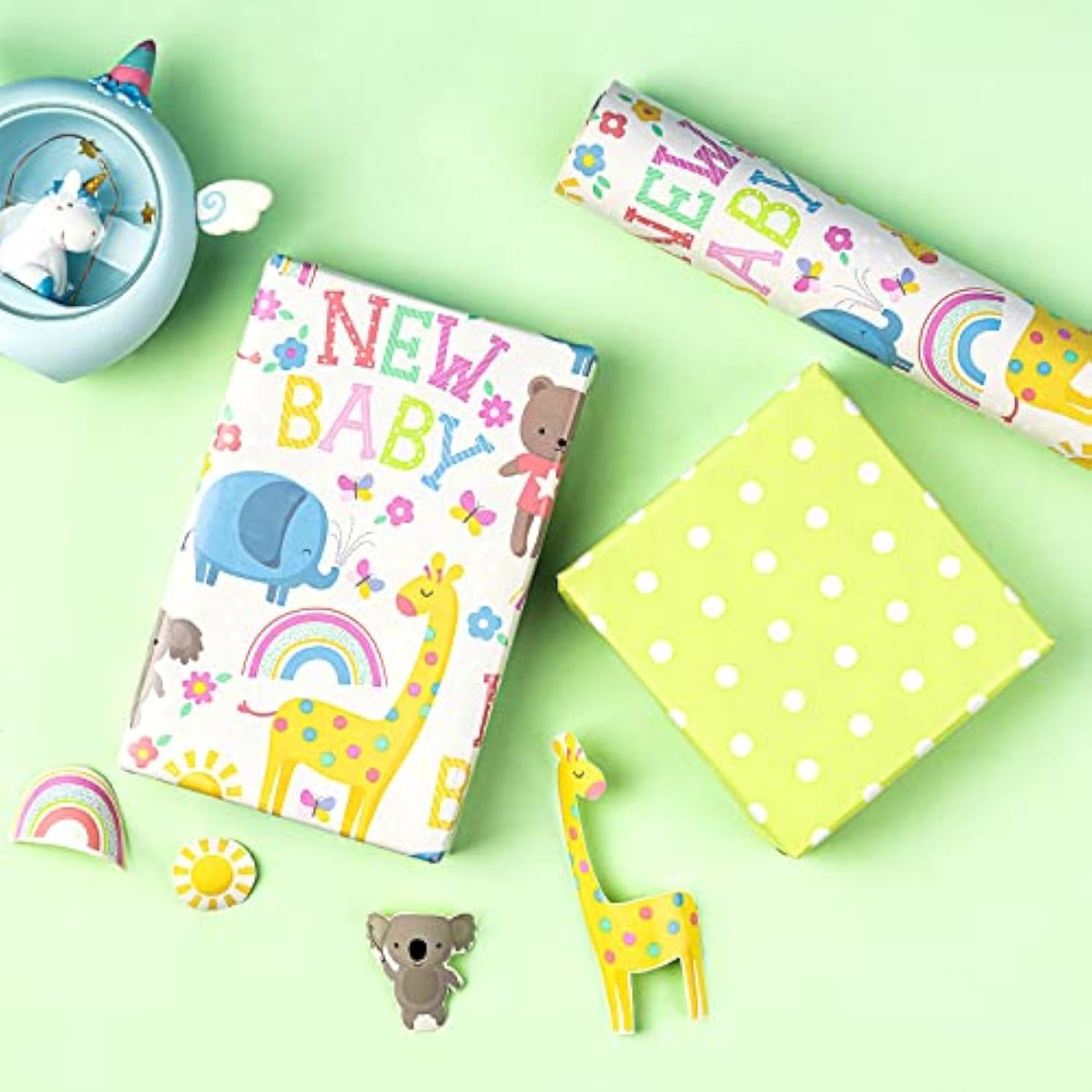 Reversible Baby Shower Wrapping Paper - Mini Roll - 17 Inch X 33 Feet - Animals & New Baby Design For Neutral Baby Shower, Boys Girls Kids Birthday