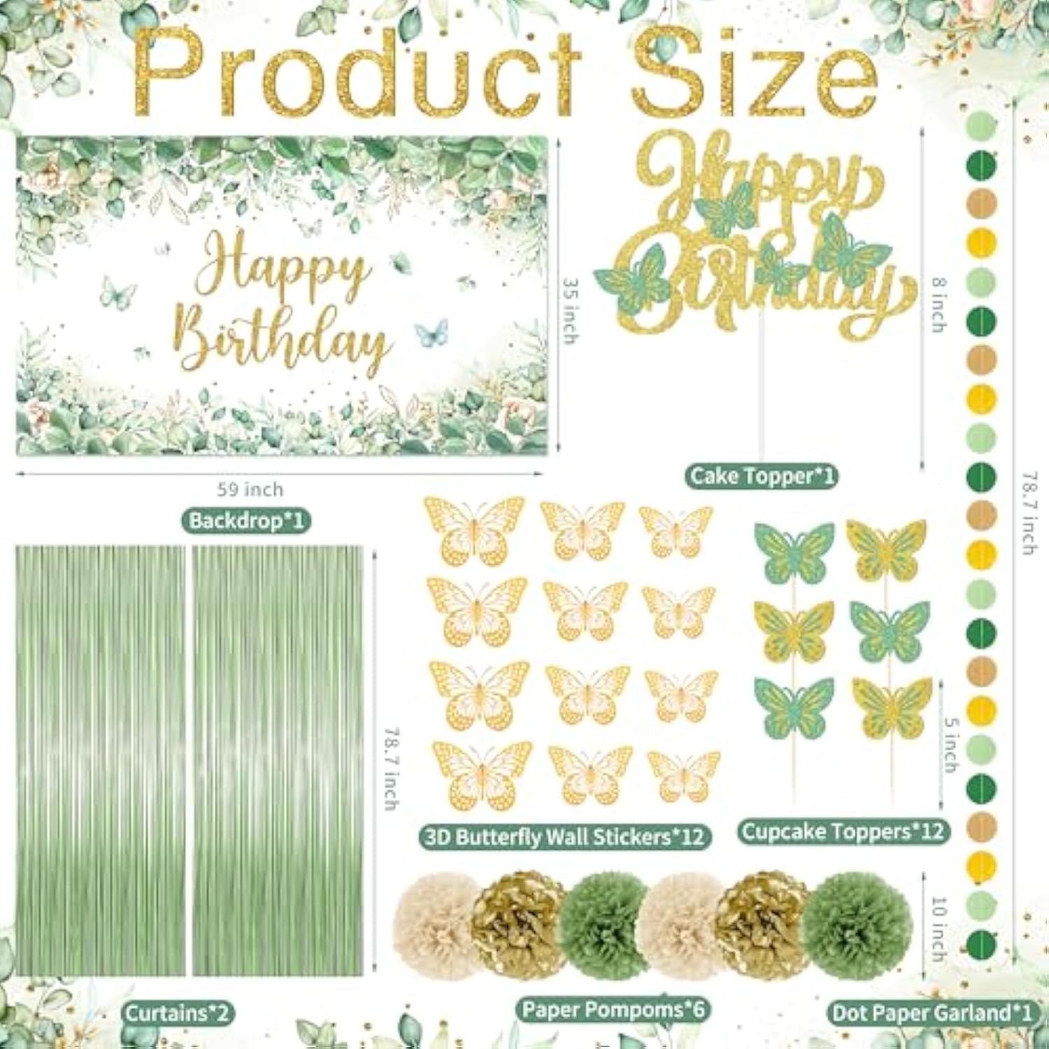 Sage Green Birthday Party Decoration Supplies For Boys Girls - Happy Birthday Backdrop, Tablecloth, Balloon Arch, Butterfly Stickers - Women Adult Decor, Neutral Baby Shower