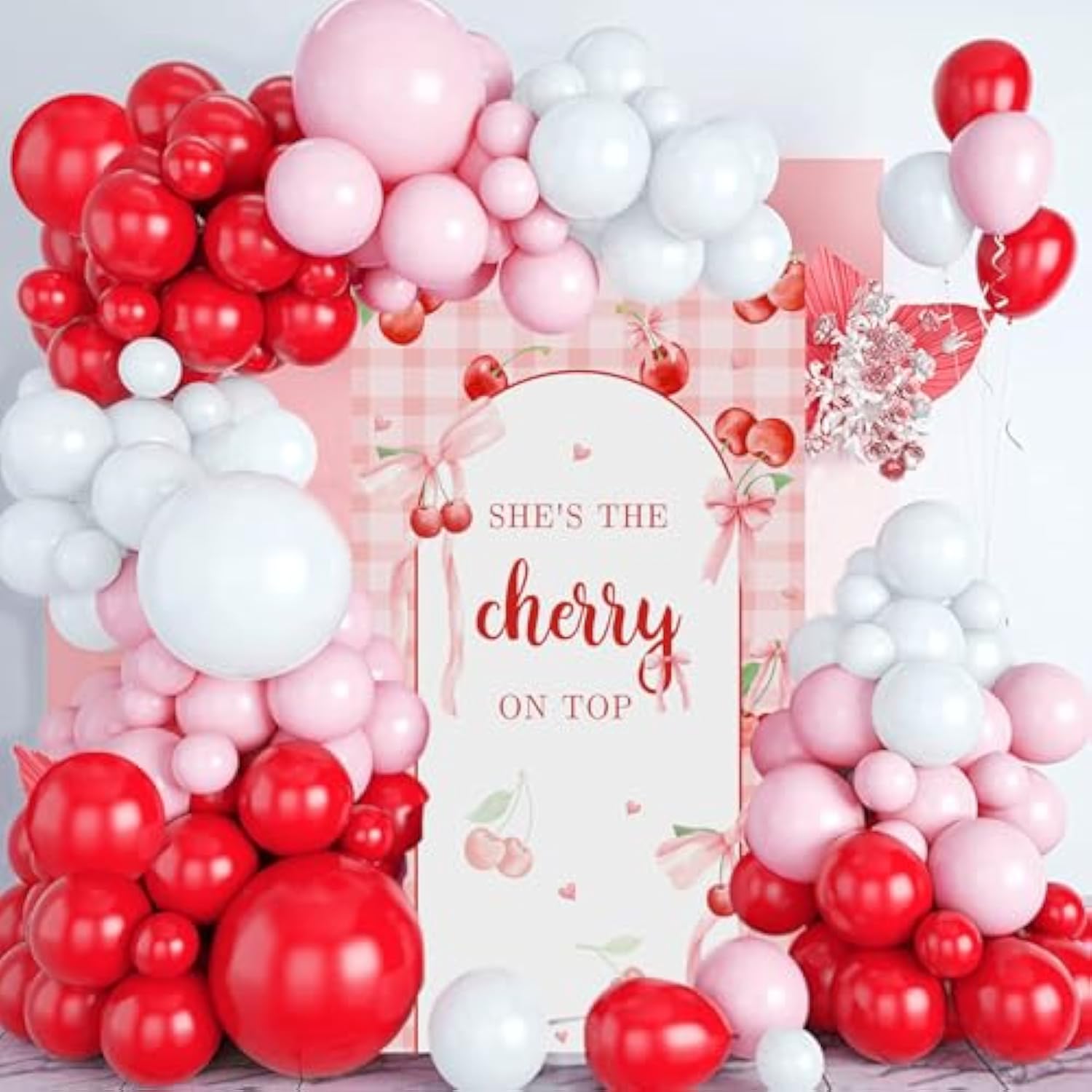 127Pcs Red Pink White Balloons Arch Kit, She Is The Cherry On Top Banner Backdrop, Cherry Birthday Bridal Shower Party Decorations, Fruit Baby Shower Balloons Garland Party Decor