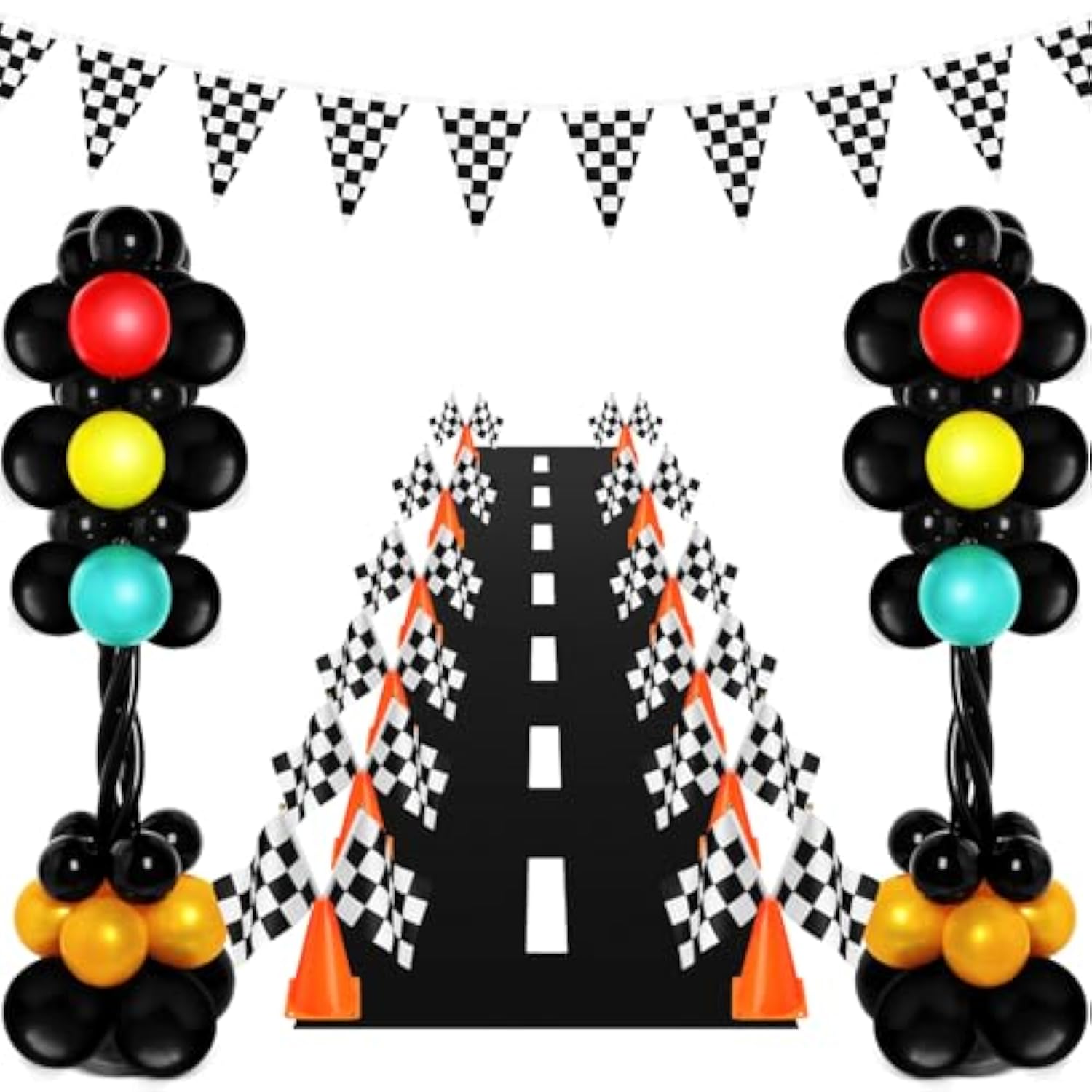 179 Pcs Racing Birthday Party Decorations Includes 141 Traffic Lights Balloon Stand Set 12 Traffic Cones 24 Racing Waving Flags 1 Grid String Flags 1 Racetrack Floor Runner