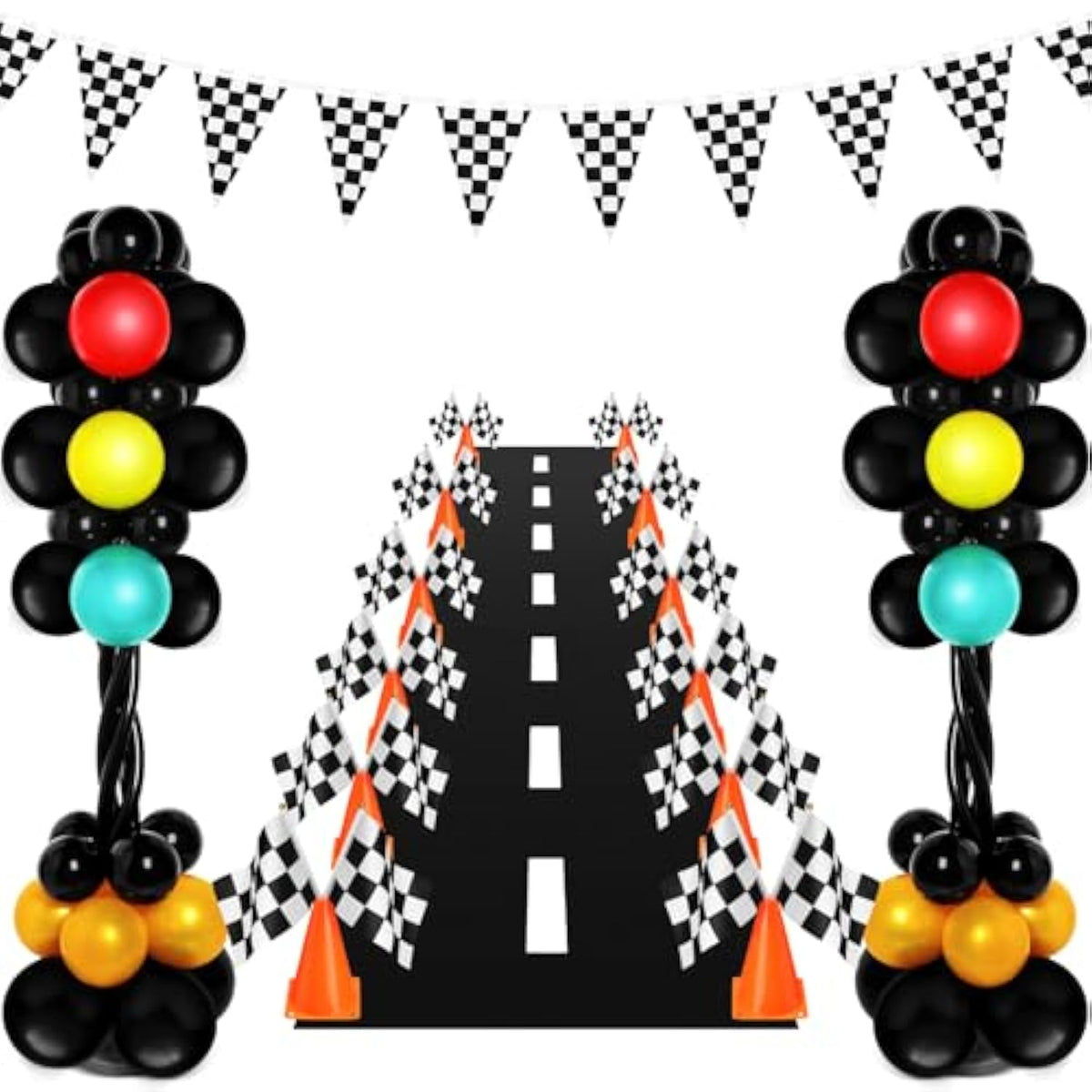 179 Pcs Racing Birthday Party Decorations Includes 141 Traffic Lights Balloon Stand Set 12 Traffic Cones 24 Racing Waving Flags 1 Grid String Flags 1 Racetrack Floor Runner
