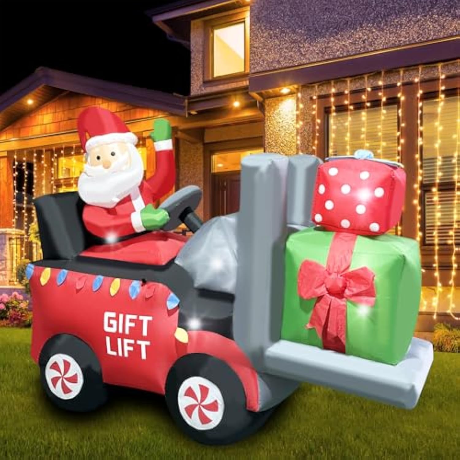 Christmas Inflatable 6.8 Length Santa Driving Gift Lift Car With Two Gift Boxes Blow Up Decoration For Xmas, Holiday Par
